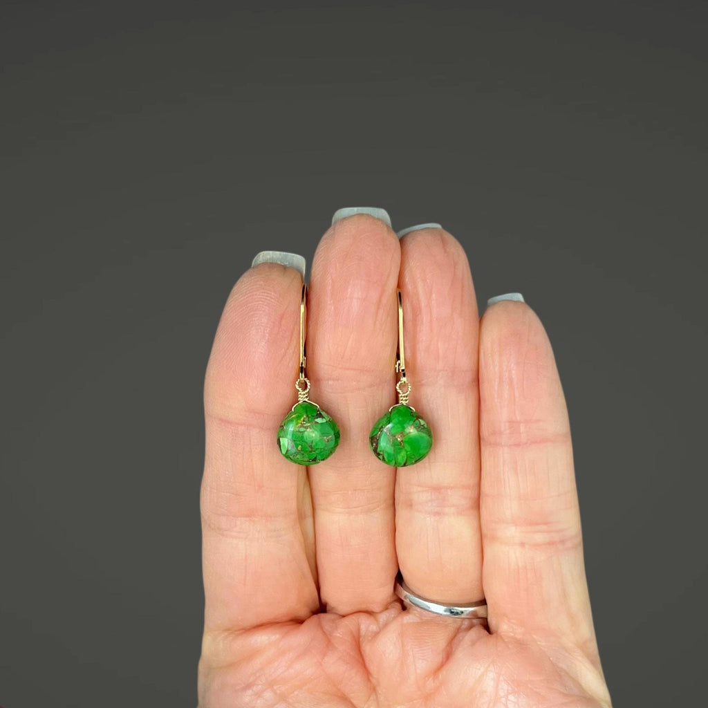 Green Copper Turquoise Teardrop Dangle Earrings in Gold Filled