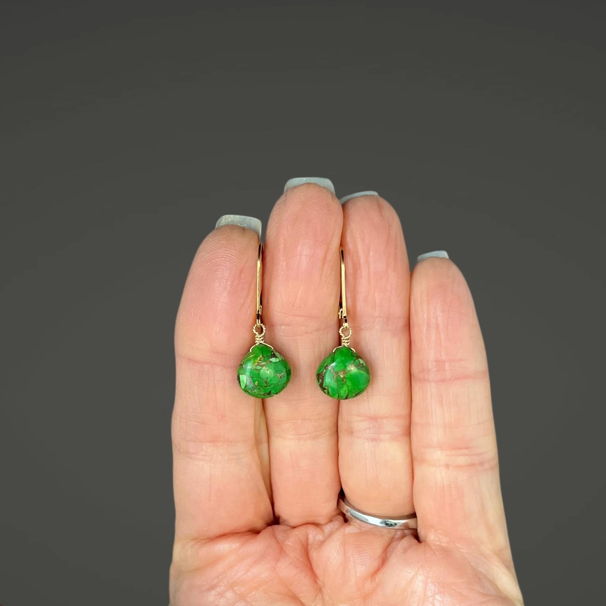 Green Copper Turquoise Teardrop Dangle Earrings in Gold Filled