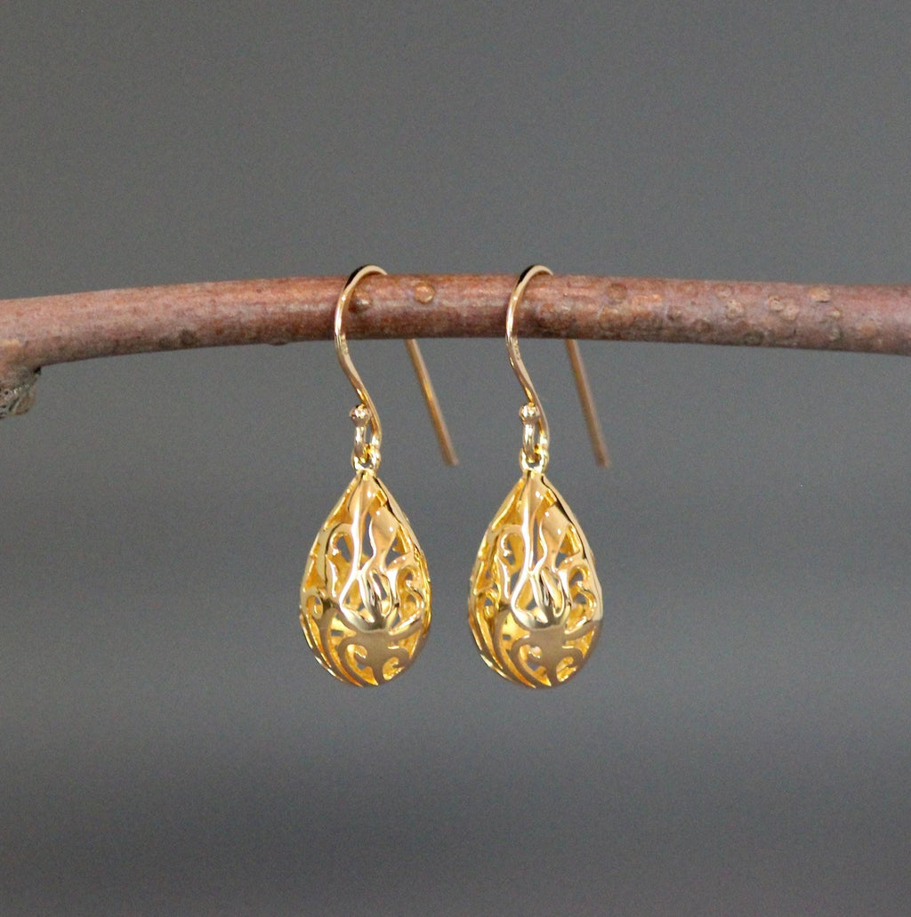 Gold Vermeil Filigree Teardrop Charm Dangle Earrings