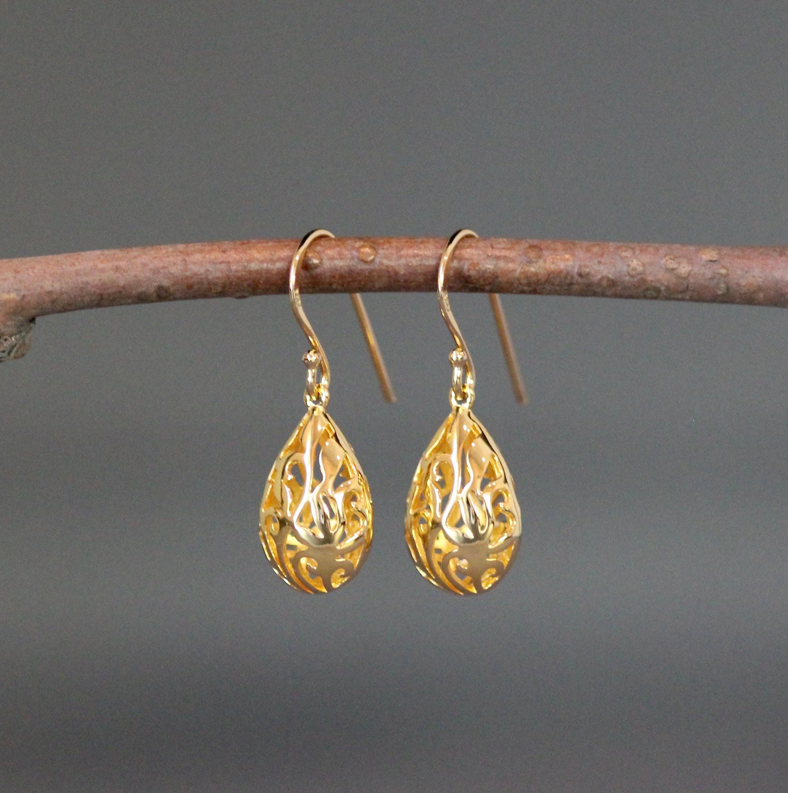 Gold Vermeil Filigree Teardrop Charm Dangle Earrings
