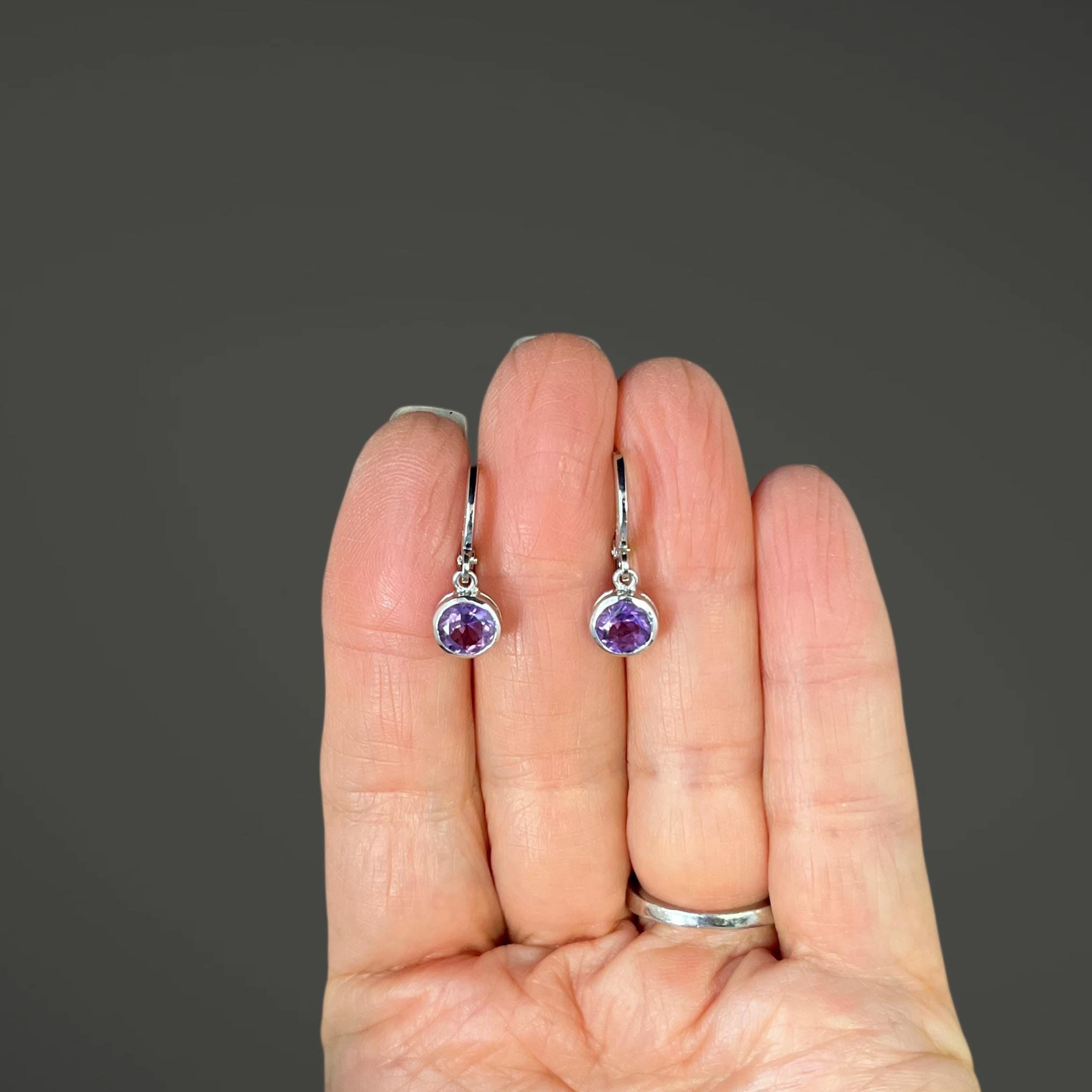 Amethyst Bezel Dangle Earrings on Sterling Silver Leverback Hoops