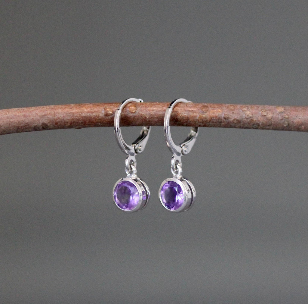 Amethyst Bezel Dangle Earrings on Sterling Silver Leverback Hoops