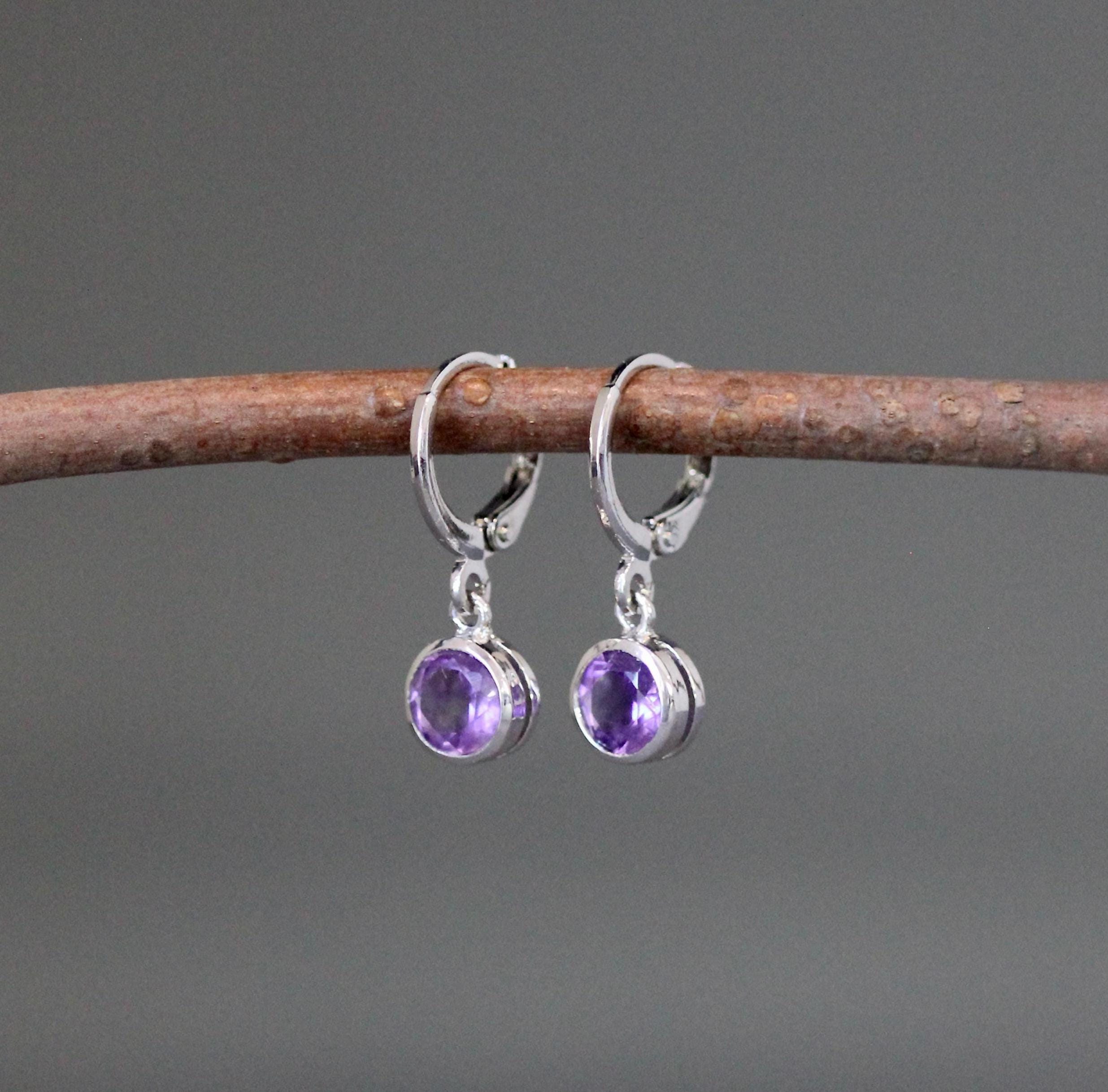 Amethyst Bezel Dangle Earrings on Sterling Silver Leverback Hoops