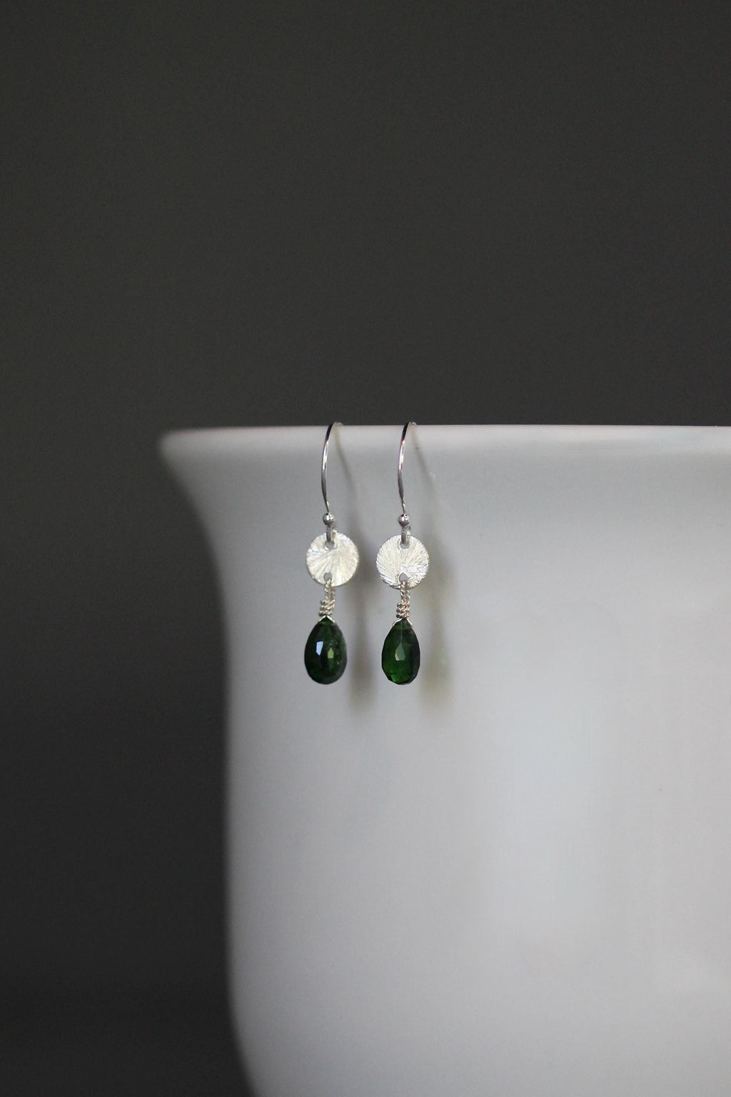 Green Tourmaline Teardrop Earrings on Brushed Sterling Silver Links