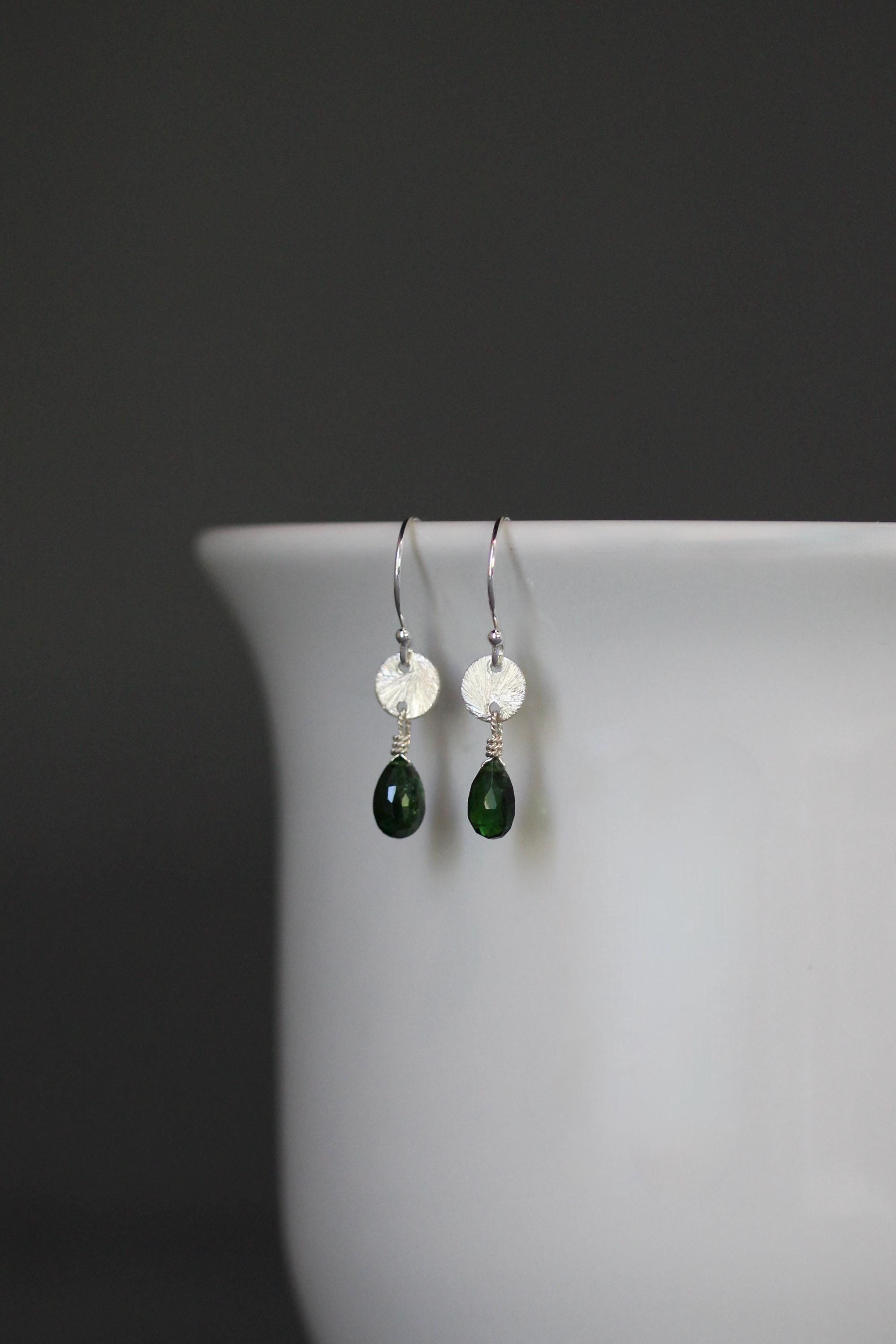 Green Tourmaline Teardrop Earrings on Brushed Sterling Silver Links