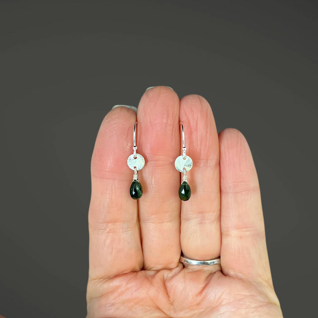 Green Tourmaline Teardrop Earrings on Brushed Sterling Silver Links
