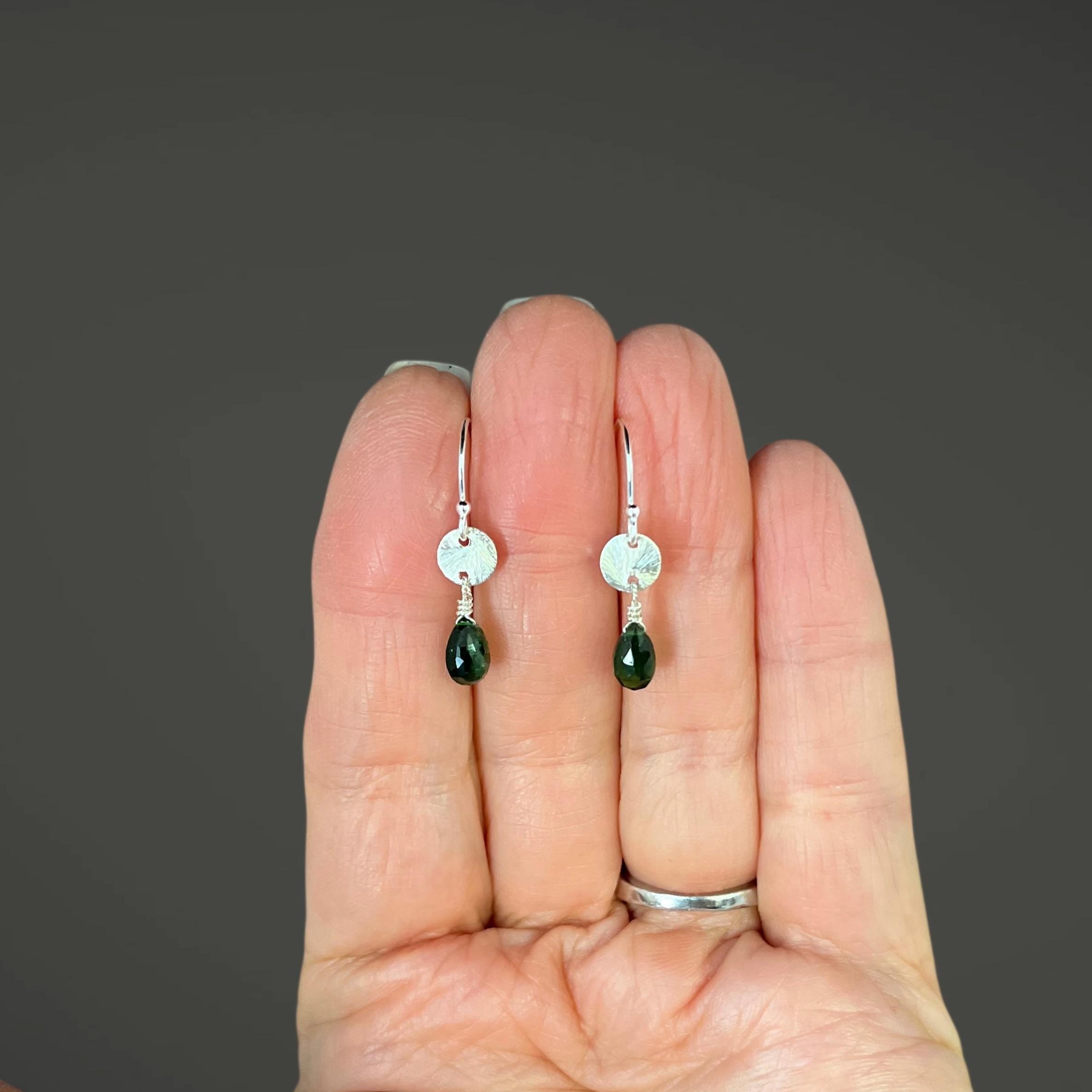 Green Tourmaline Teardrop Earrings on Brushed Sterling Silver Links