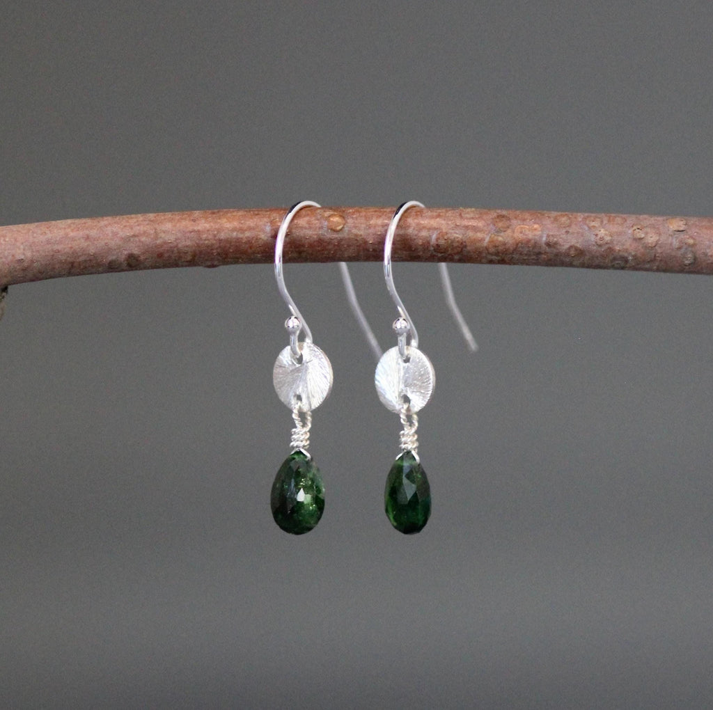 Green Tourmaline Teardrop Earrings on Brushed Sterling Silver Links