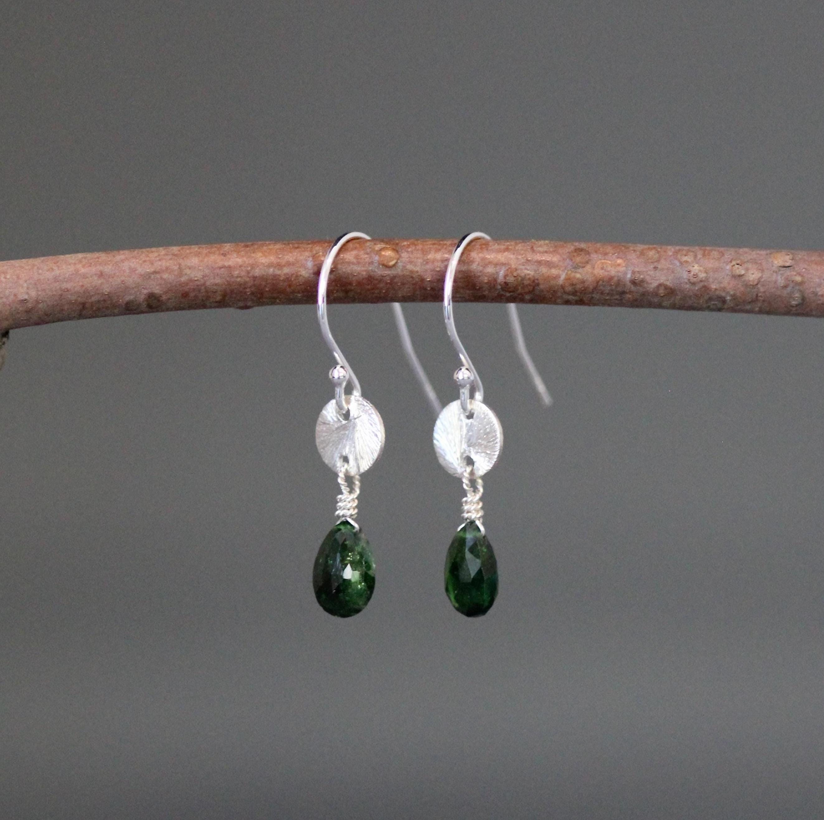 Green Tourmaline Teardrop Earrings on Brushed Sterling Silver Links