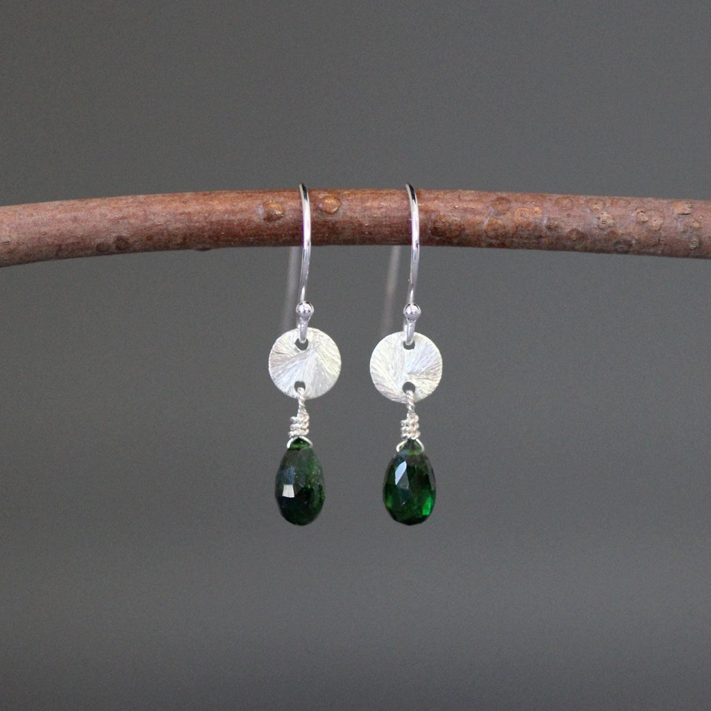 Green Tourmaline Teardrop Earrings on Brushed Sterling Silver Links