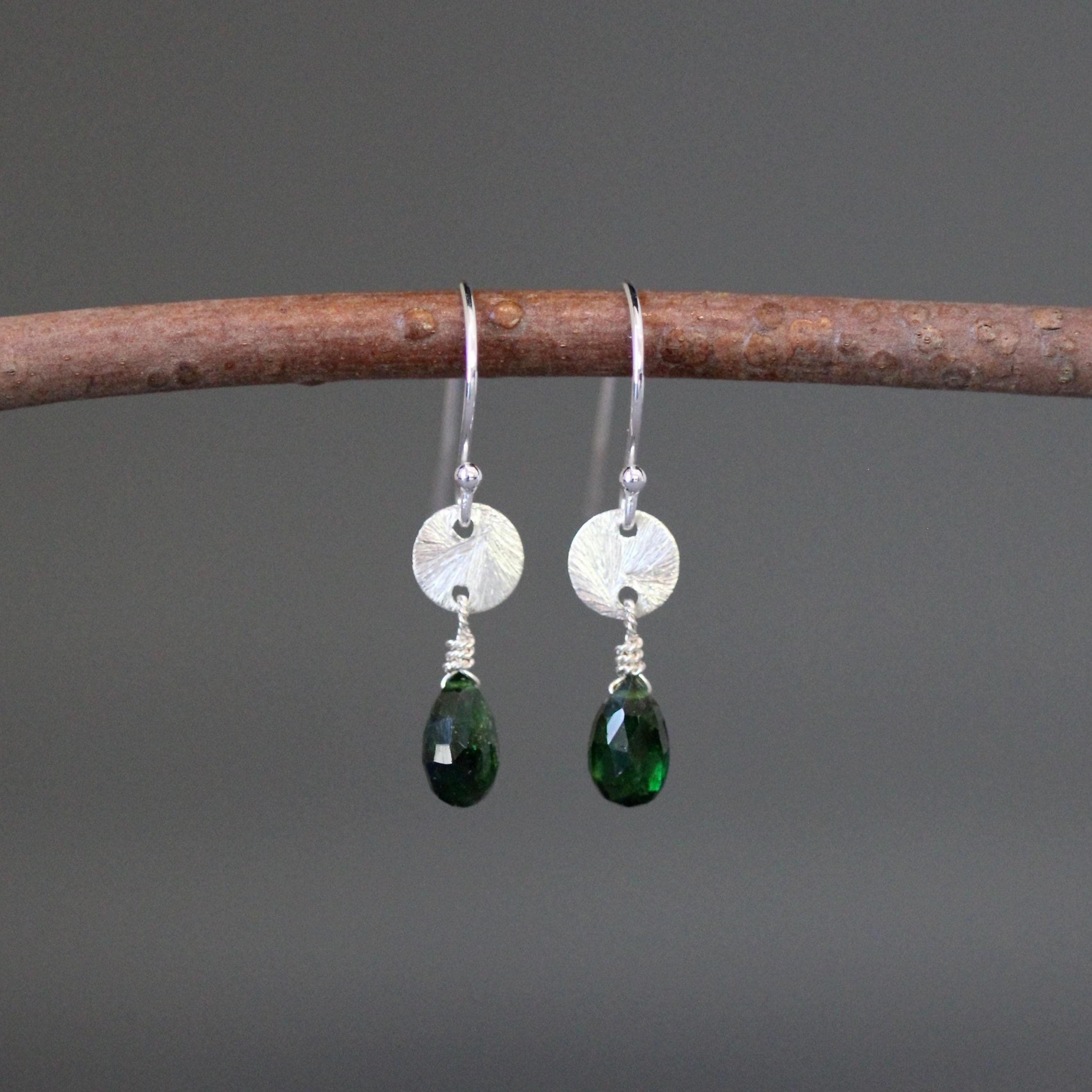 Green Tourmaline Teardrop Earrings on Brushed Sterling Silver Links