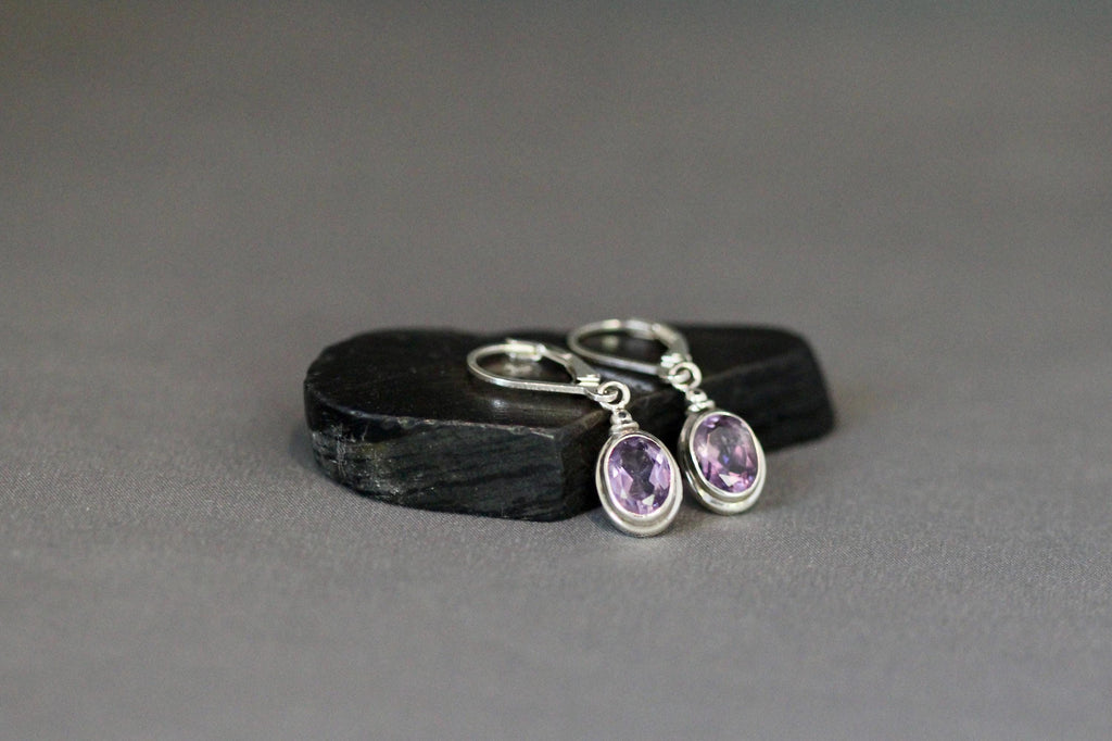 Amethyst Bezel Earrings on Bali Sterling Silver Charm Leverbacks