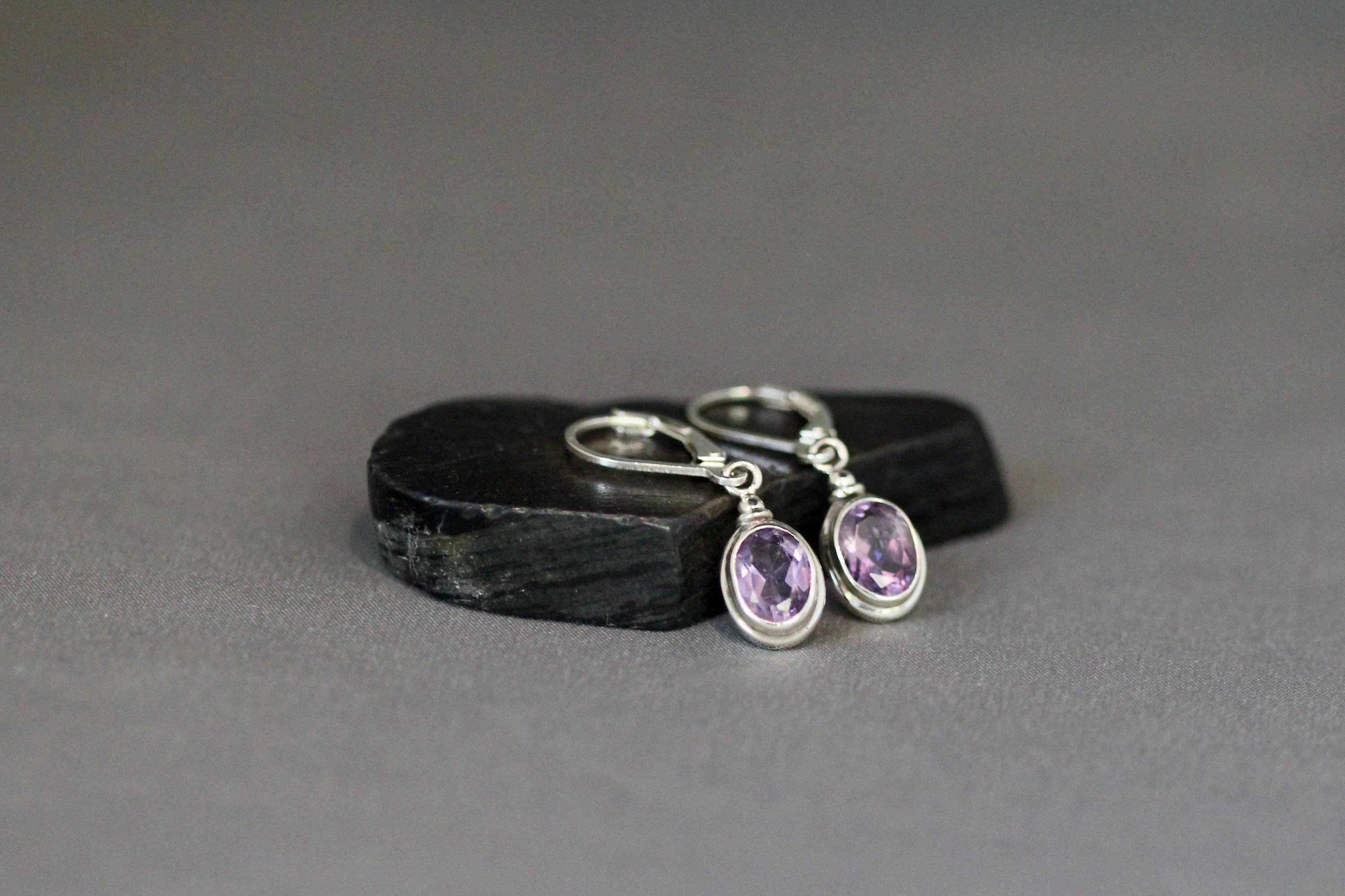 Amethyst Bezel Earrings on Bali Sterling Silver Charm Leverbacks
