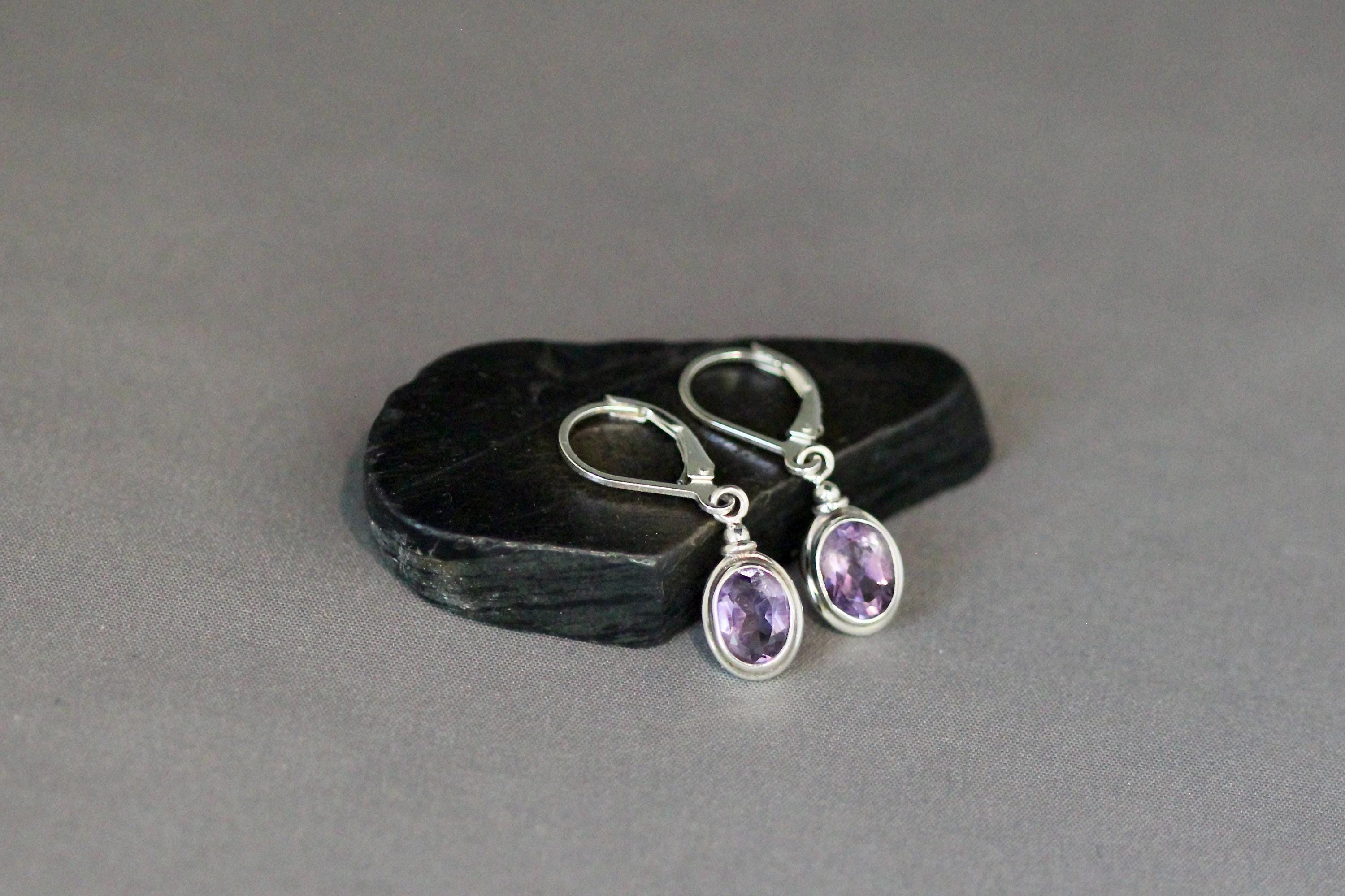 Amethyst Bezel Earrings on Bali Sterling Silver Charm Leverbacks