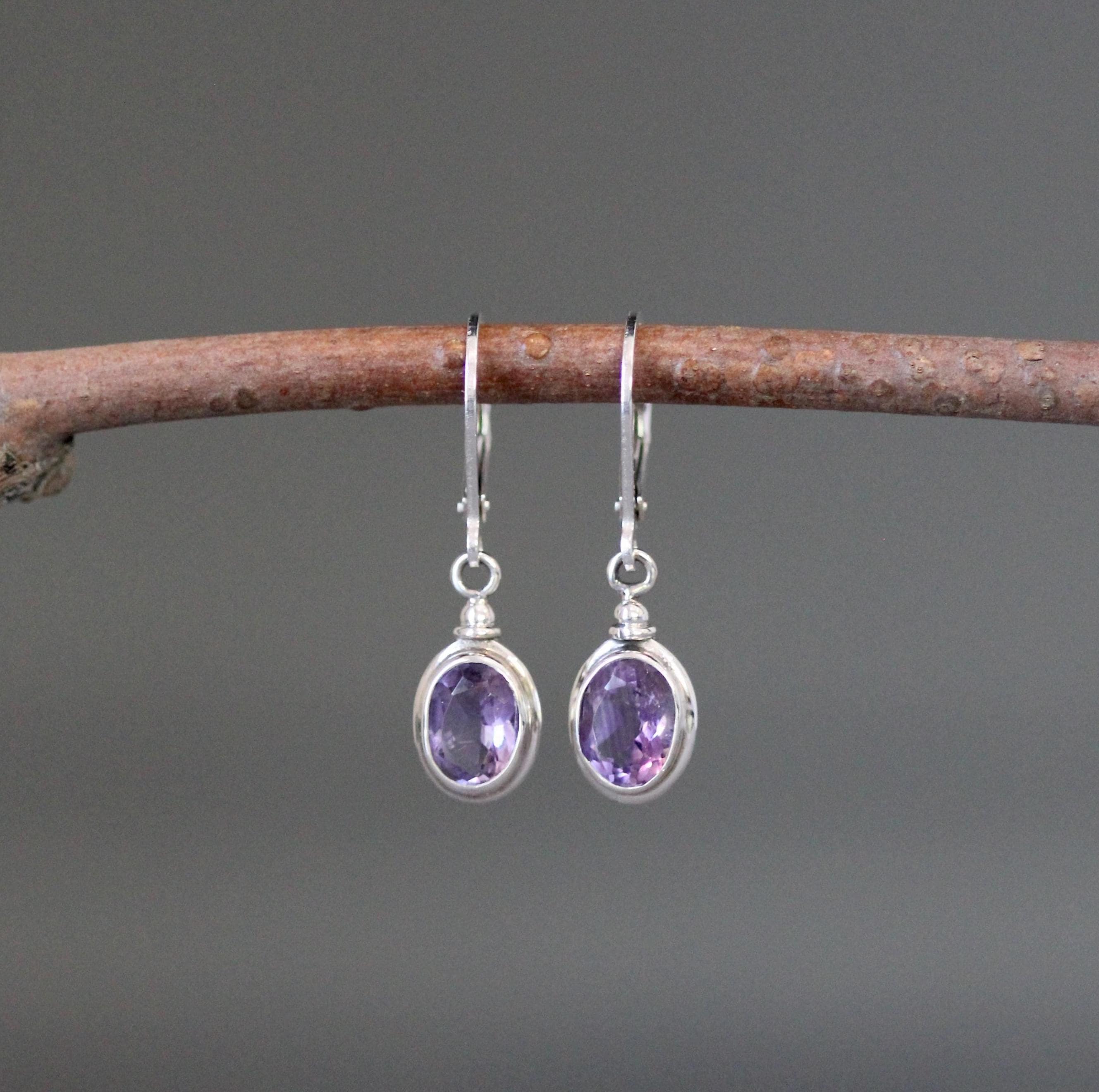 Amethyst Bezel Earrings on Bali Sterling Silver Charm Leverbacks