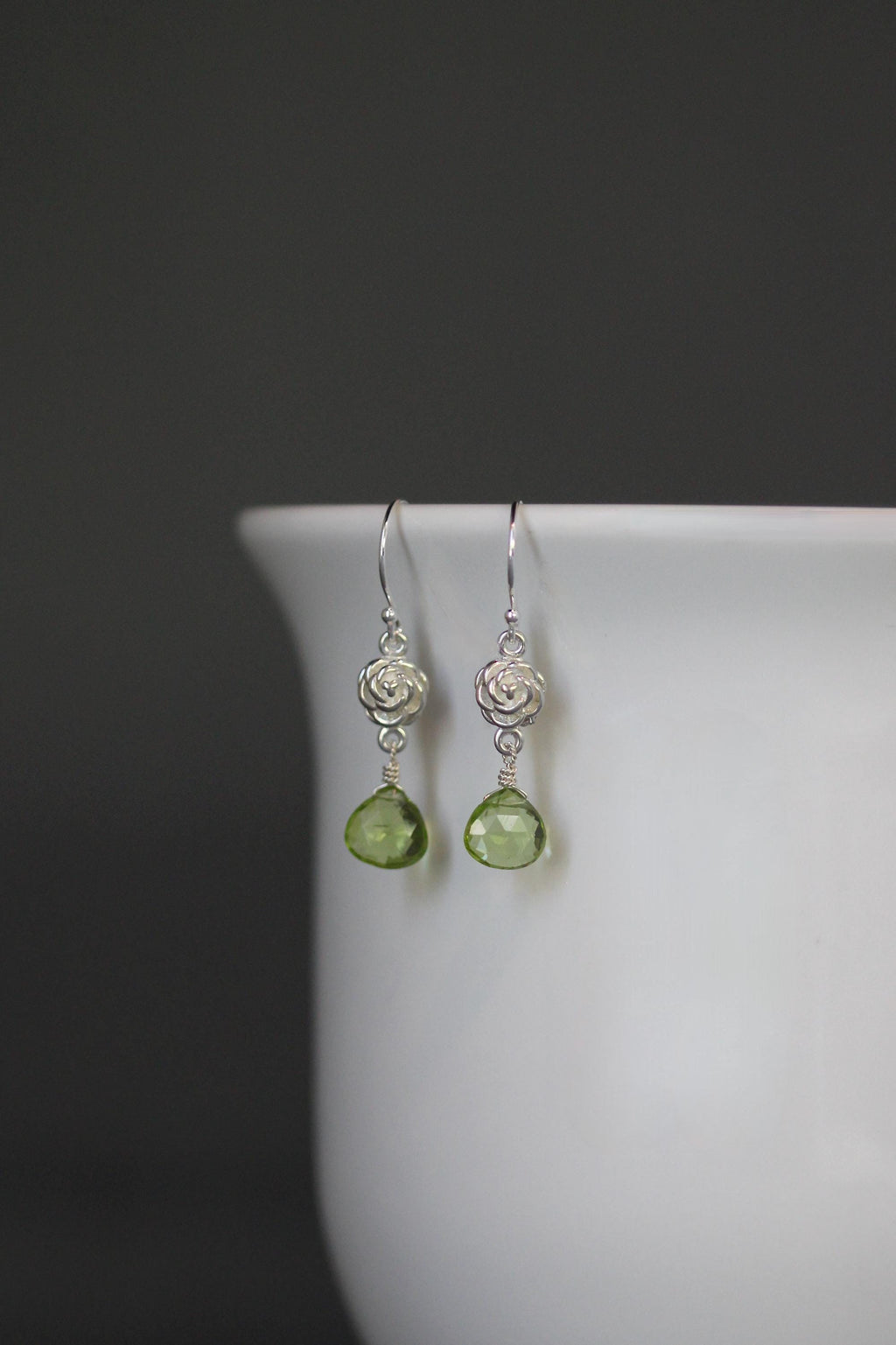 Peridot Teardrop Earrings on Bali Sterling Silver Flower Links