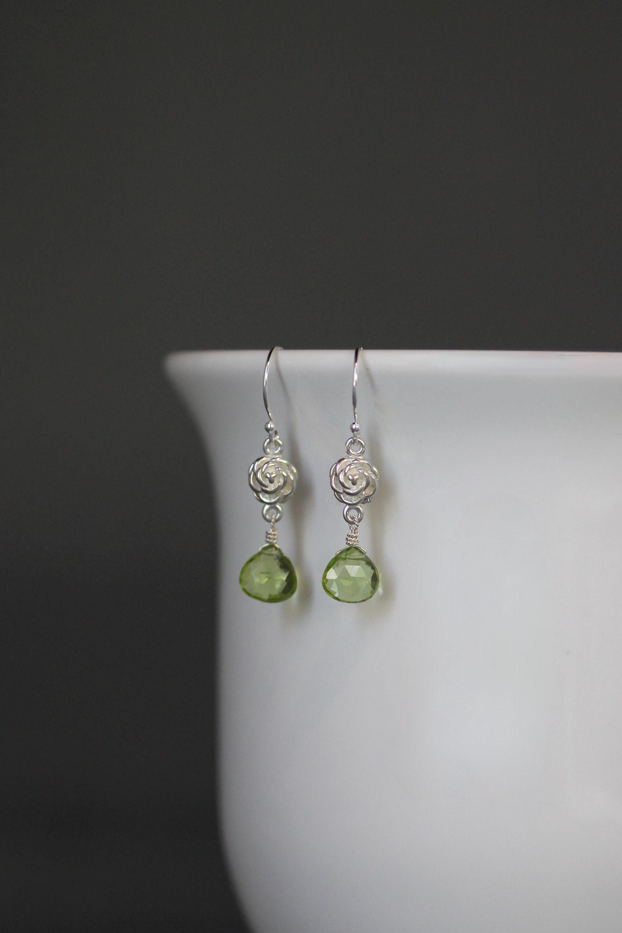 Peridot Teardrop Earrings on Bali Sterling Silver Flower Links