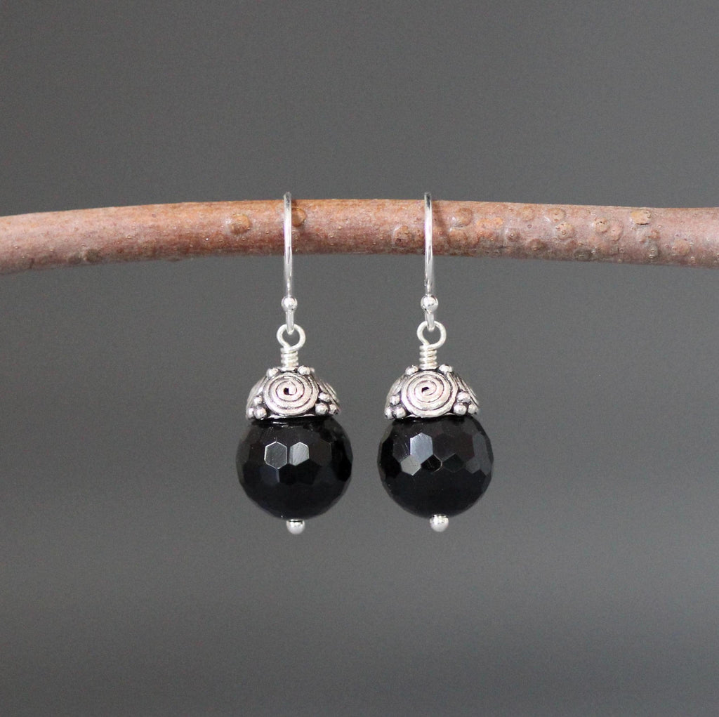 Black Onyx and Bali Sterling Silver Cap Dangle Earrings