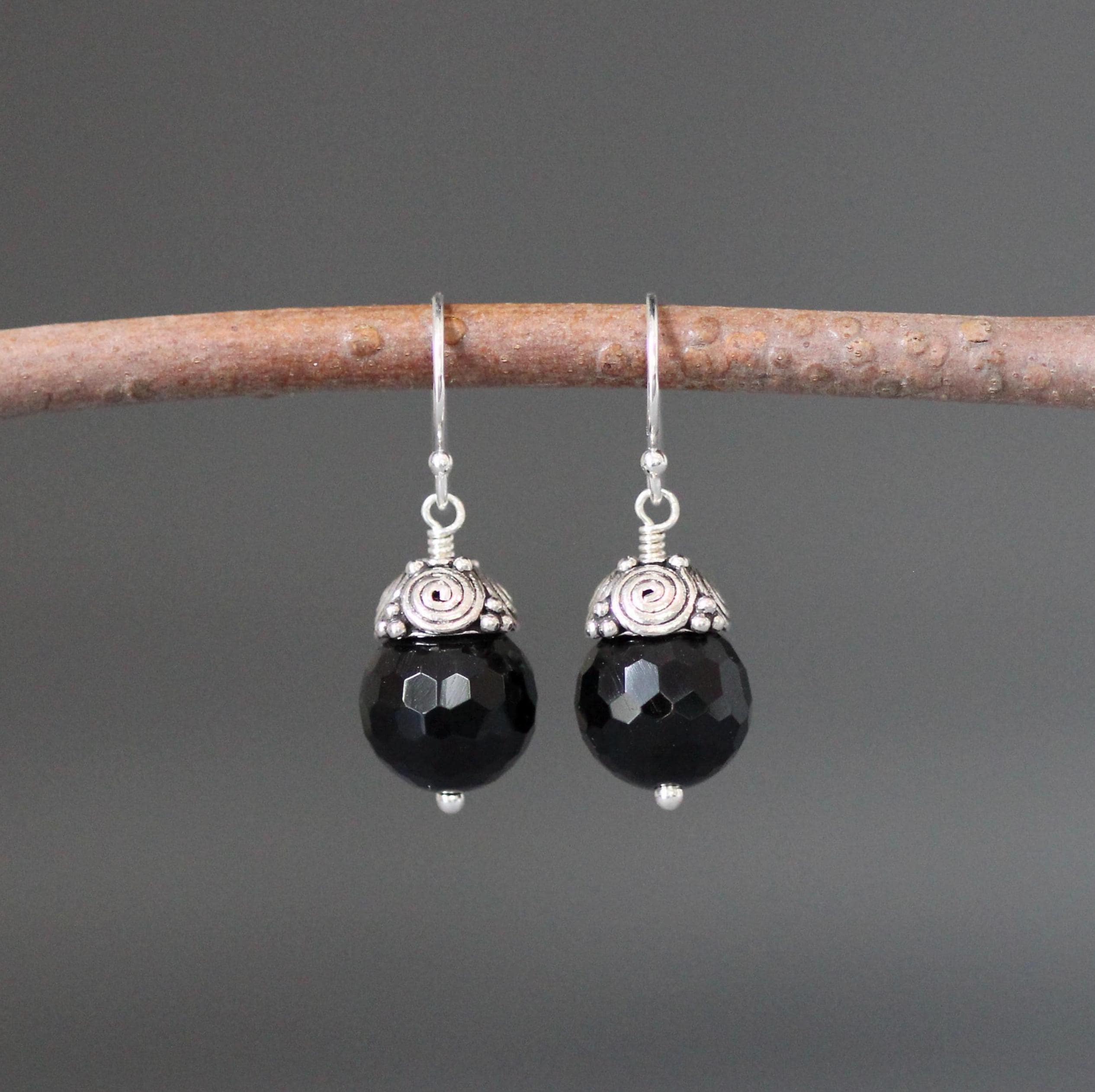 Black Onyx and Bali Sterling Silver Cap Dangle Earrings