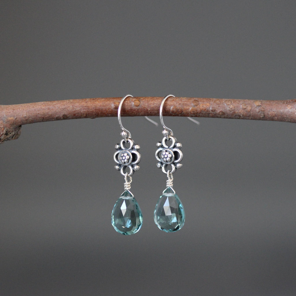 Teal Quartz Teardrop Earrings on Bali Silver Flower Links