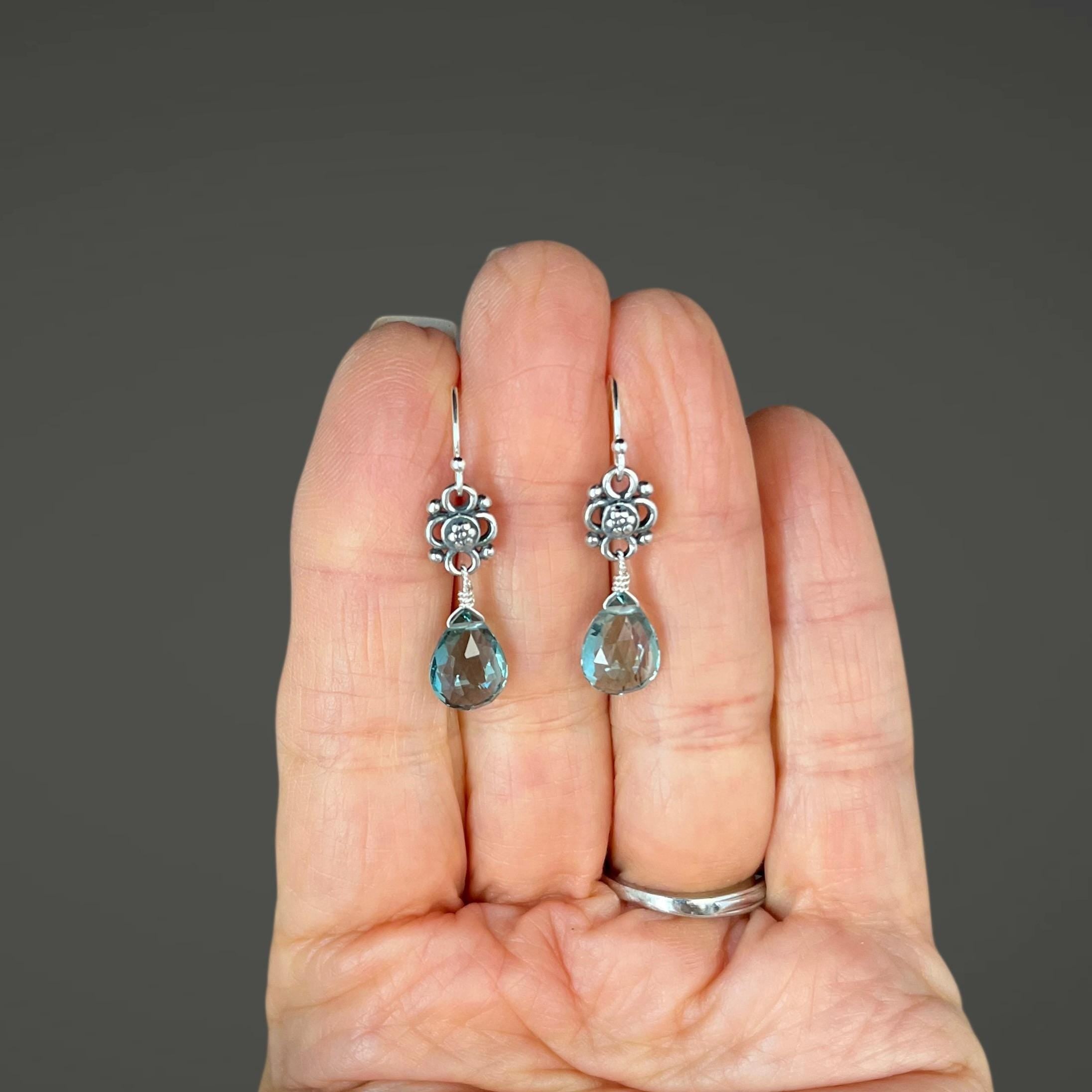 Teal Quartz Teardrop Earrings on Bali Silver Flower Links