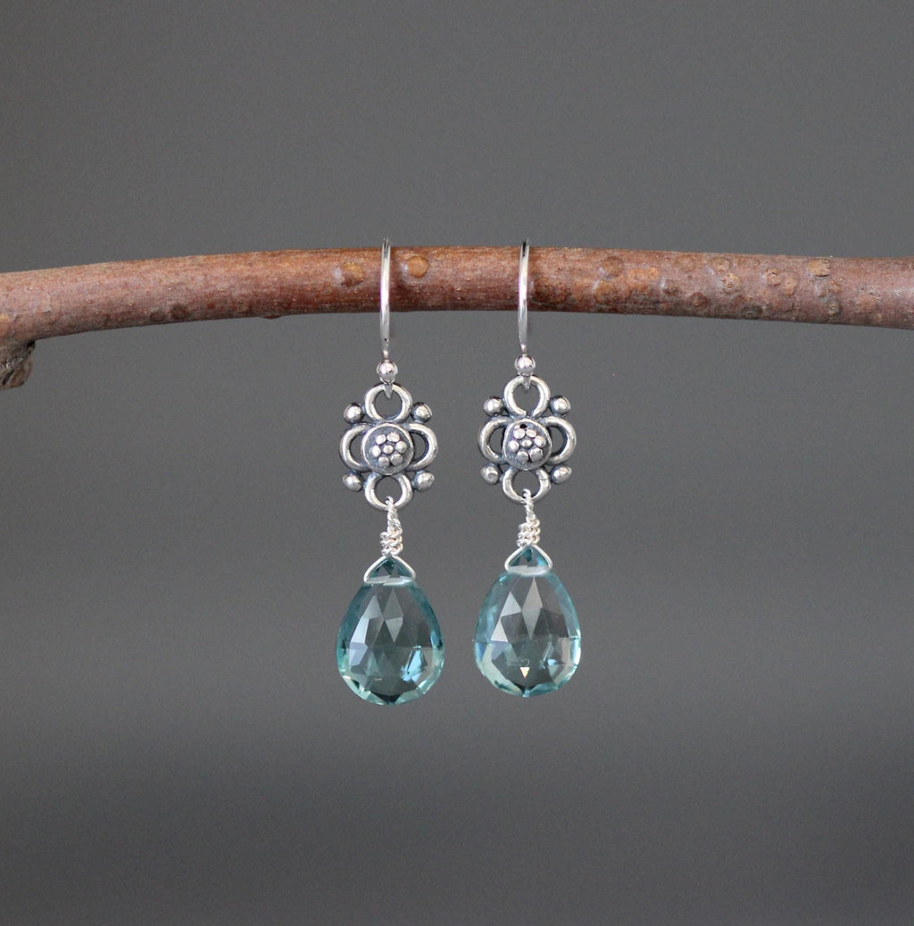 Teal Quartz Teardrop Earrings on Bali Silver Flower Links