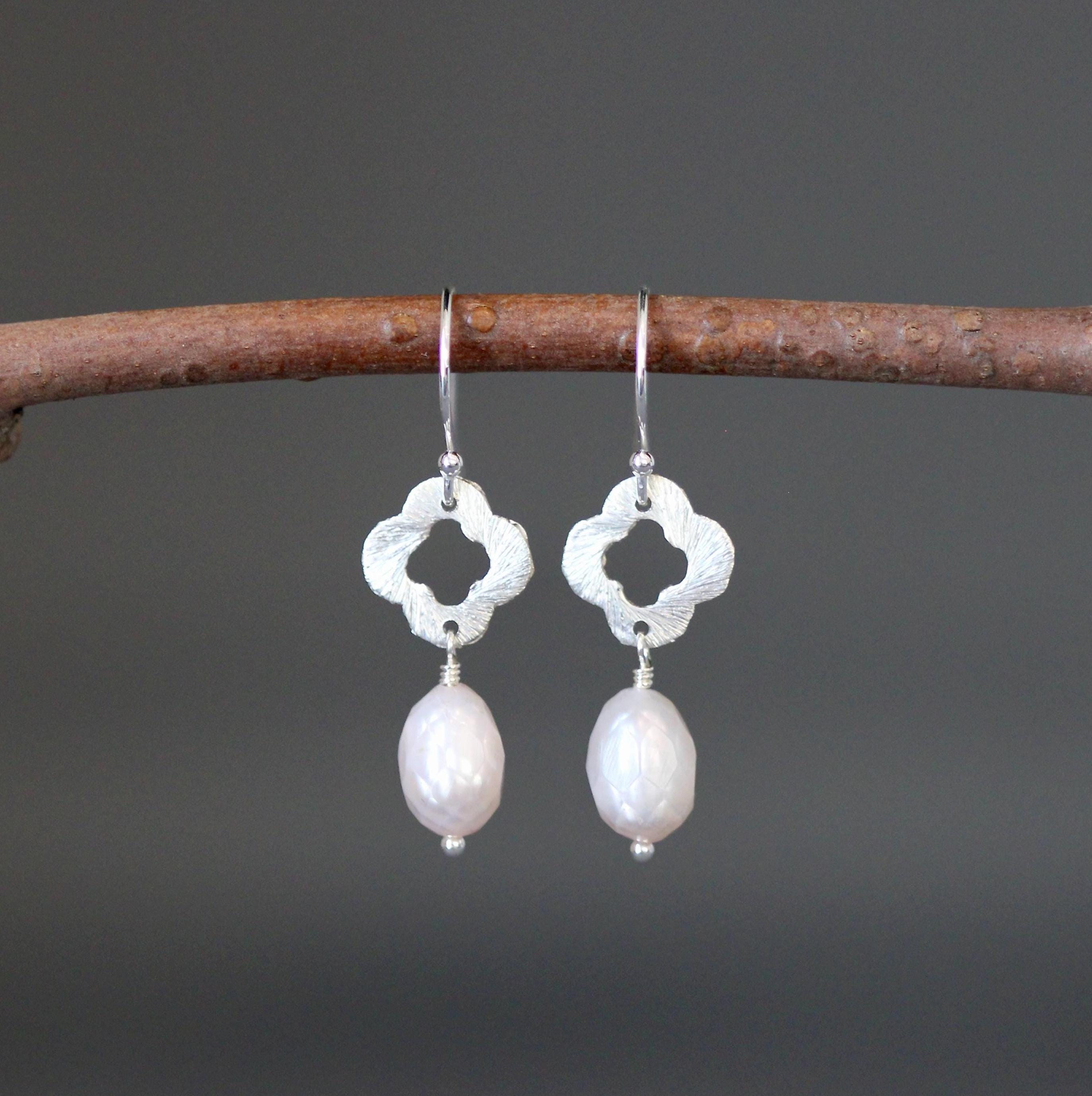 Faceted Freshwater Pearl Earrings on Brushed Bali Silver Links