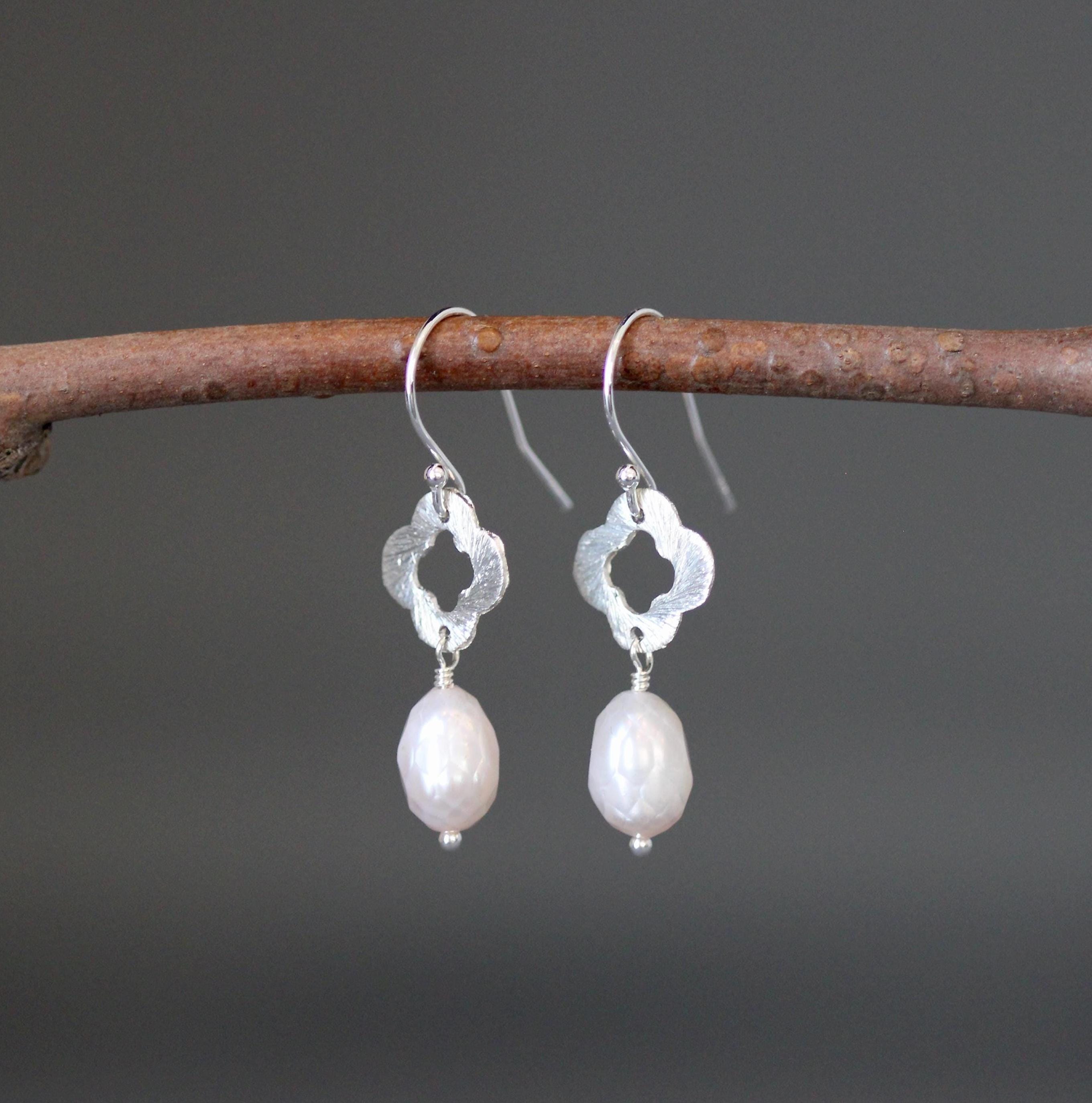 Faceted Freshwater Pearl Earrings on Brushed Bali Silver Links