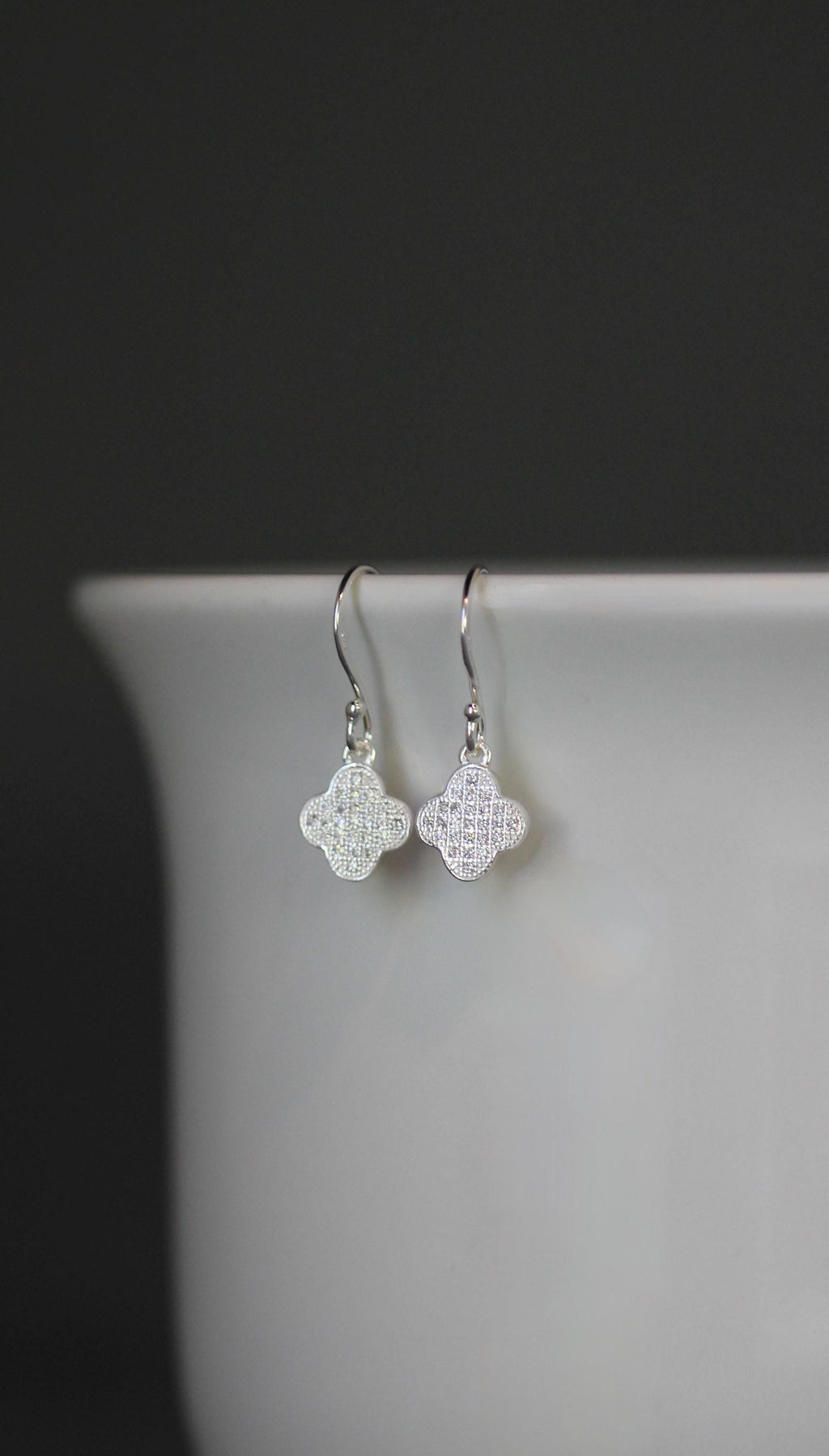Sterling Silver Pave Cubic Zirconia Clover Charm Dangle Earrings