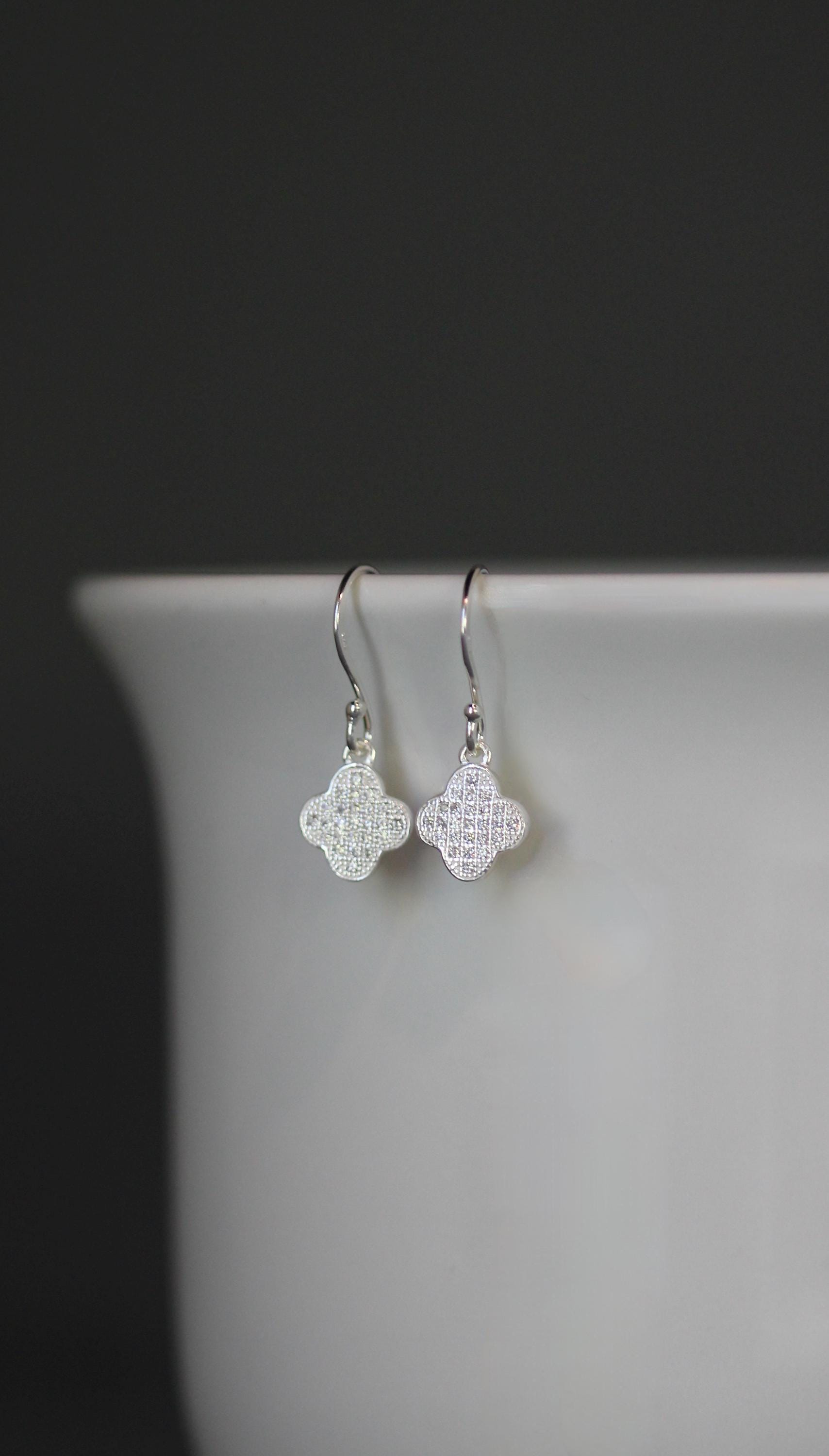 Sterling Silver Pave Cubic Zirconia Clover Charm Dangle Earrings