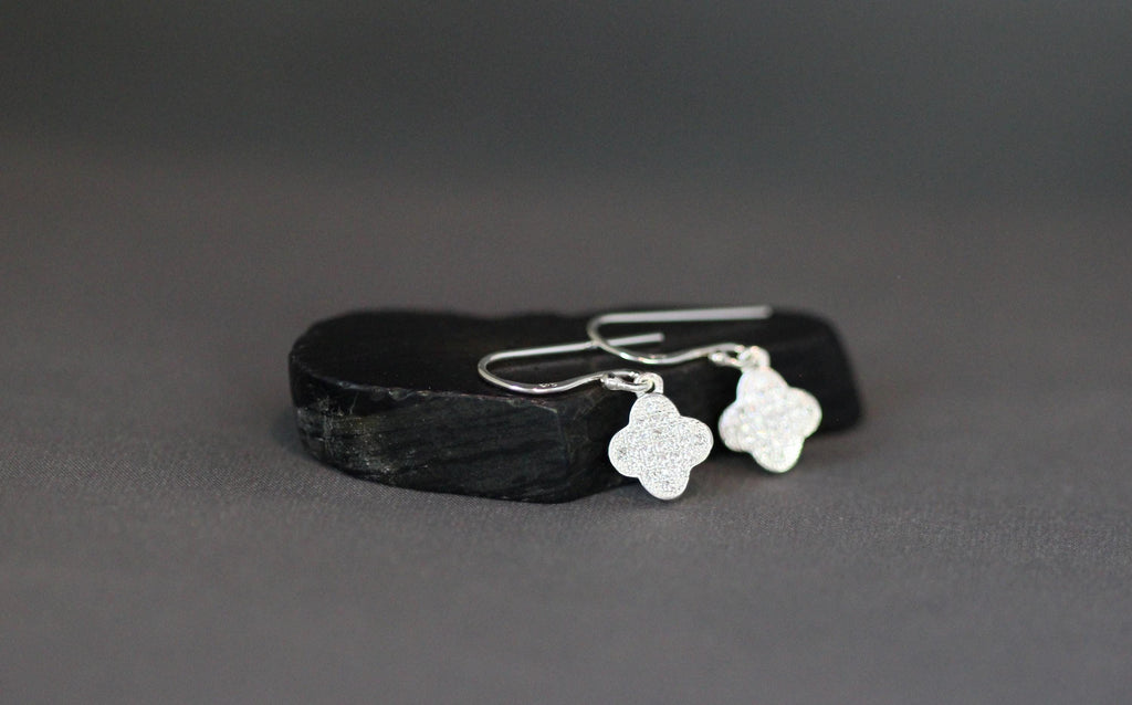 Sterling Silver Pave Cubic Zirconia Clover Charm Dangle Earrings