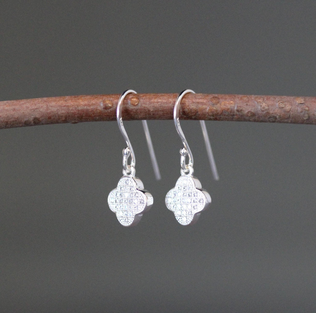 Sterling Silver Pave Cubic Zirconia Clover Charm Dangle Earrings