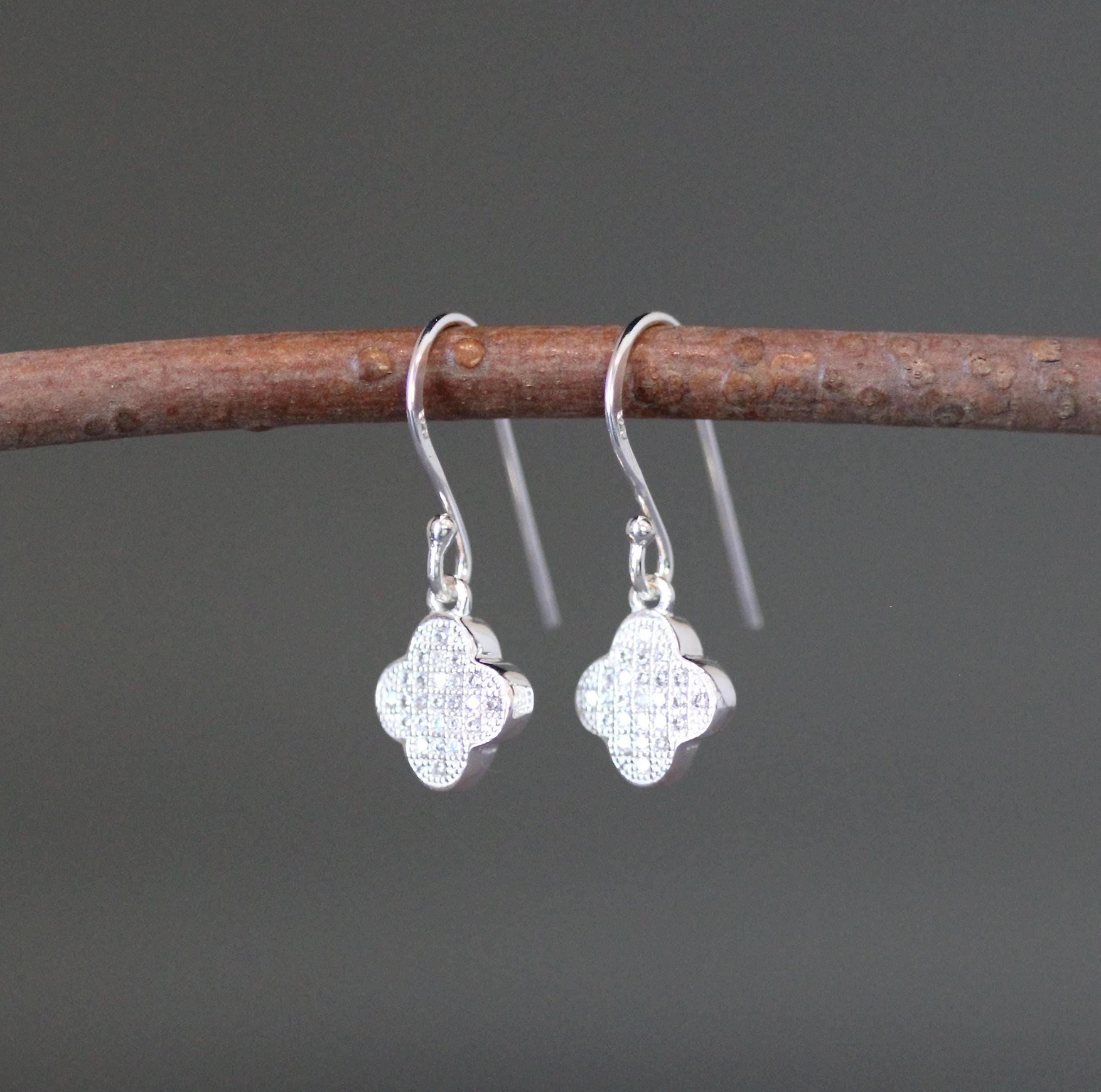 Sterling Silver Pave Cubic Zirconia Clover Charm Dangle Earrings