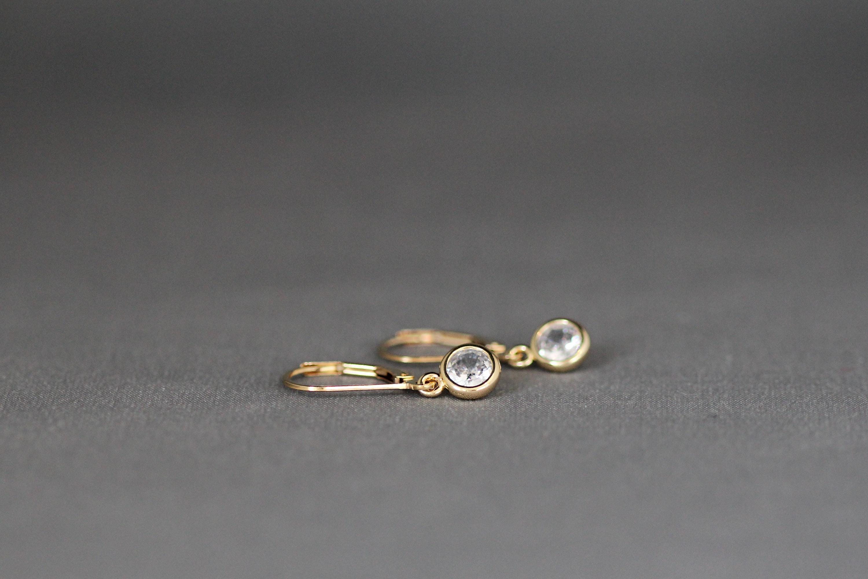 Clear Cubic Zirconia Round Stone Earrings in Gold Filled Bezels