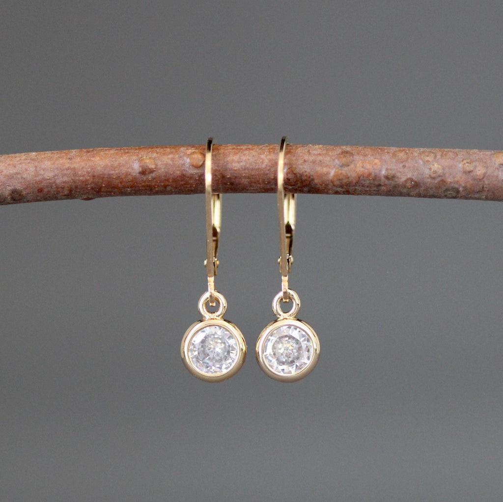 Clear Cubic Zirconia Round Stone Earrings in Gold Filled Bezels