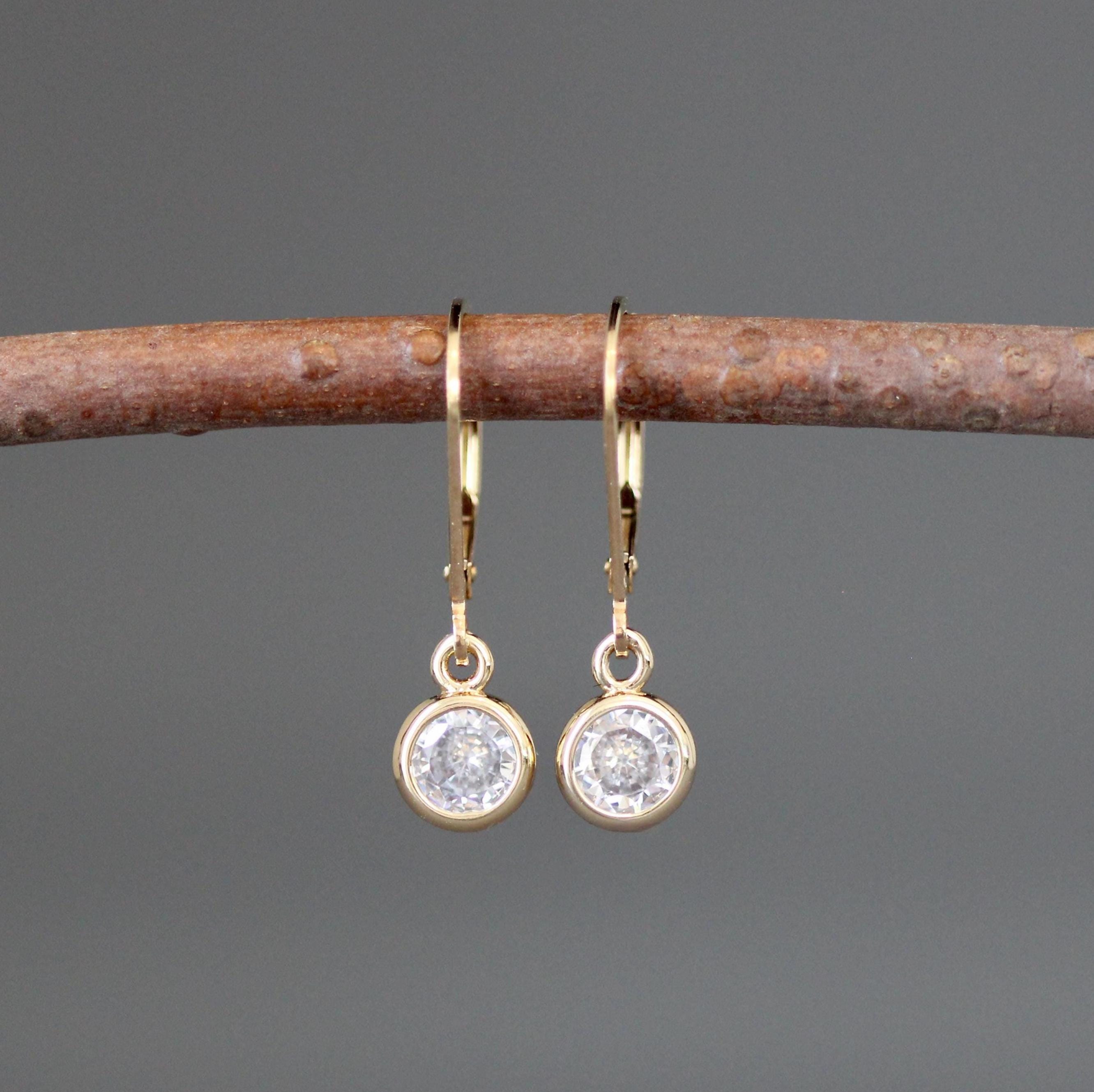 Clear Cubic Zirconia Round Stone Earrings in Gold Filled Bezels