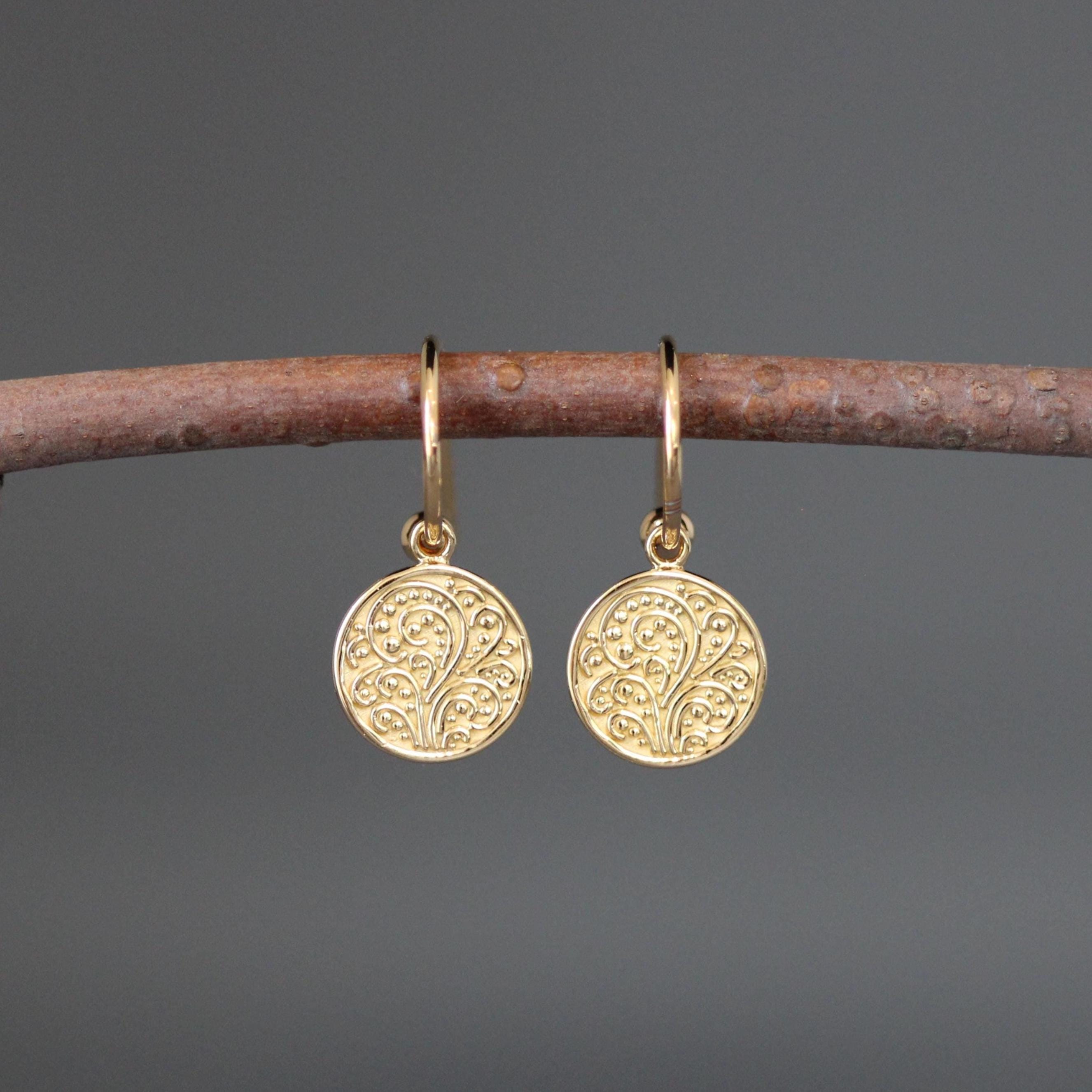 Gold Vermeil Round Medallion Charm Dangle Earrings