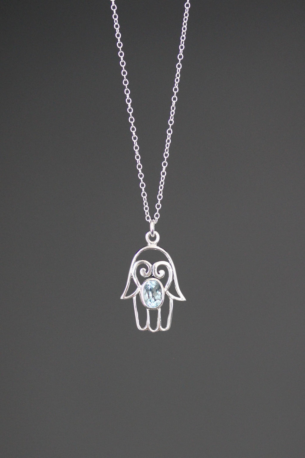 Blue Topaz Bali Sterling Silver Filigree Hamsa Hand Pendant Necklace