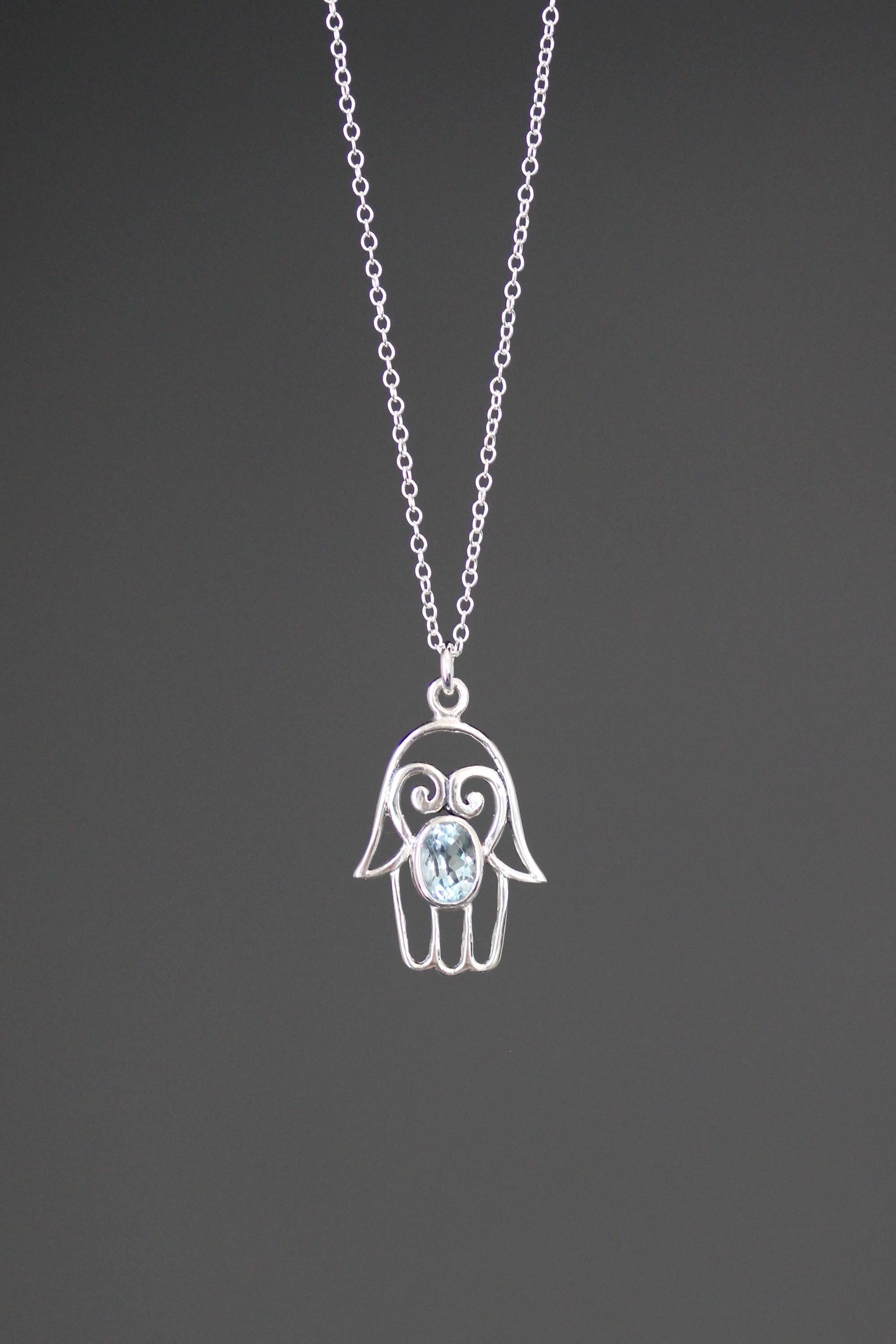 Blue Topaz Bali Sterling Silver Filigree Hamsa Hand Pendant Necklace