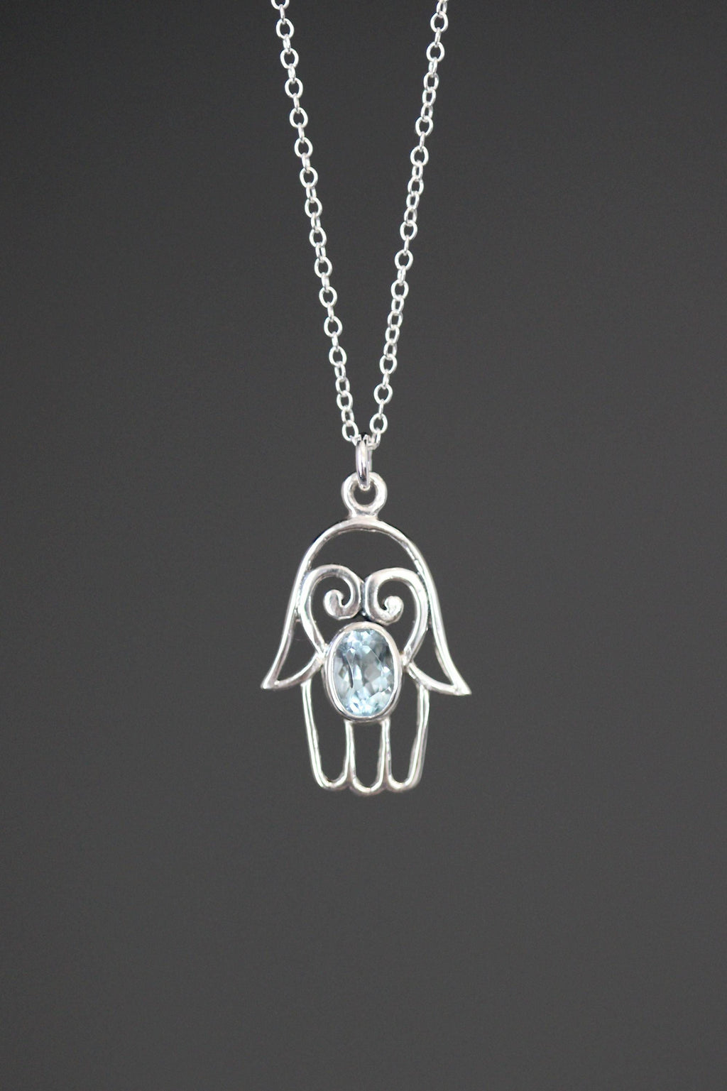 Blue Topaz Bali Sterling Silver Filigree Hamsa Hand Pendant Necklace