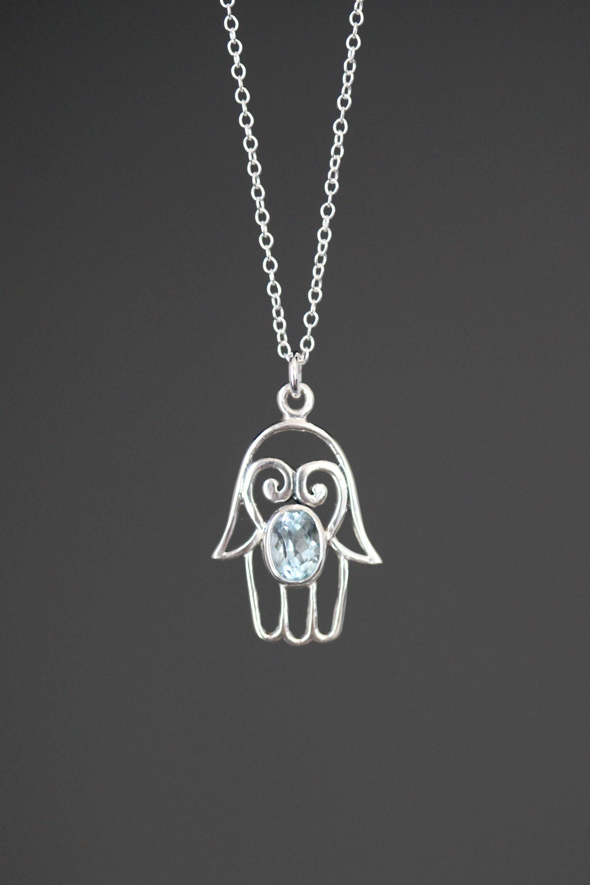 Blue Topaz Bali Sterling Silver Filigree Hamsa Hand Pendant Necklace