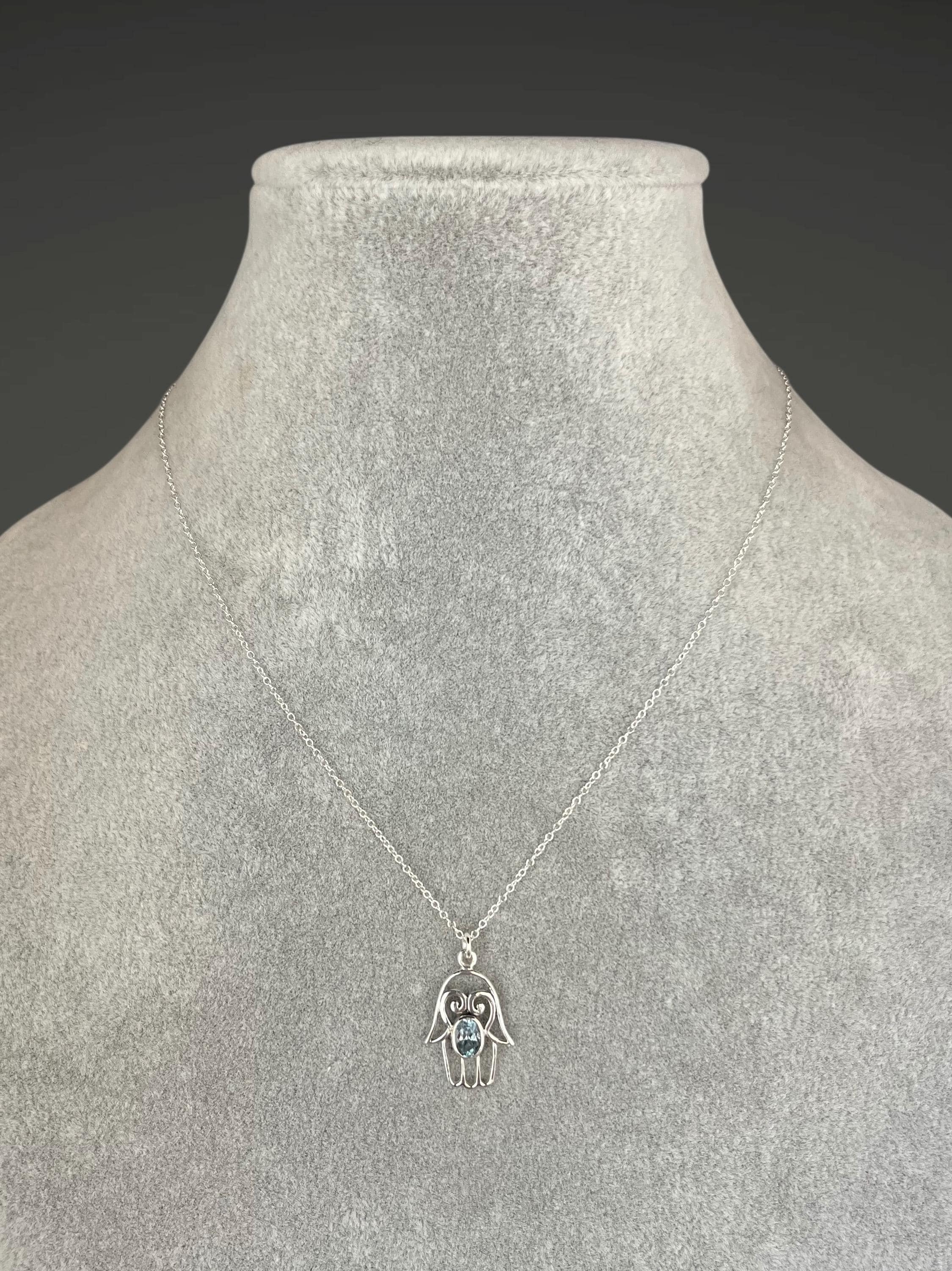 Blue Topaz Bali Sterling Silver Filigree Hamsa Hand Pendant Necklace