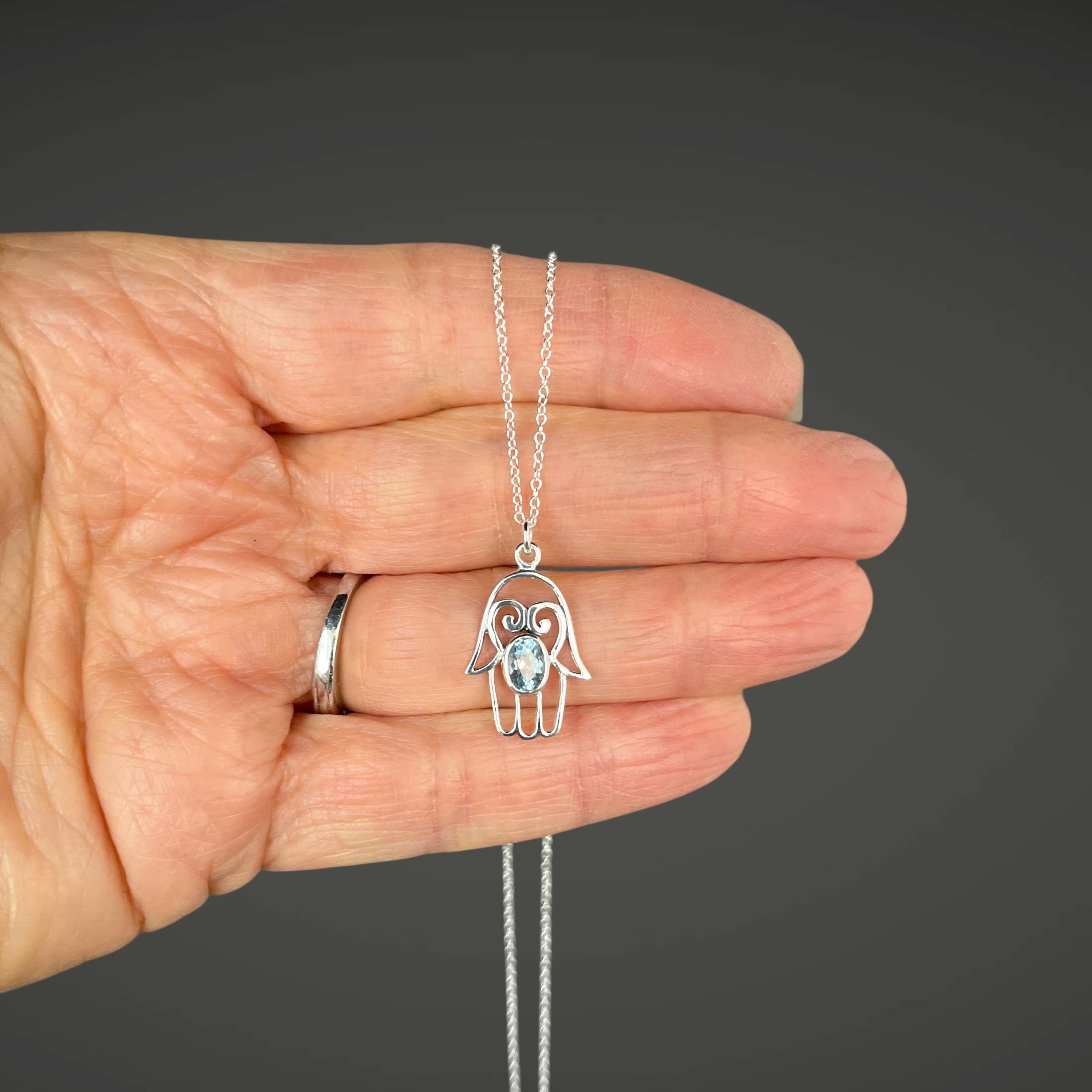 Blue Topaz Bali Sterling Silver Filigree Hamsa Hand Pendant Necklace