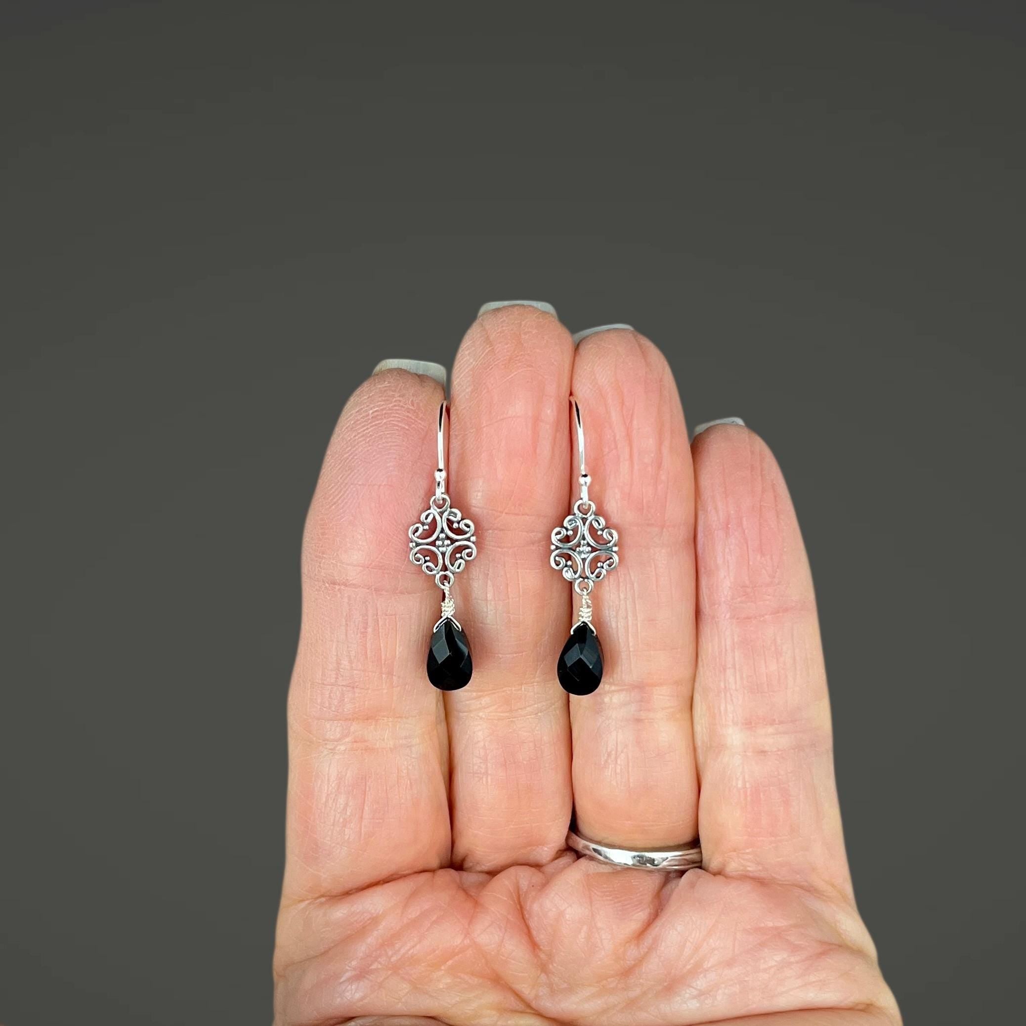Black Onyx Teardrop Earrings on Bali Sterling Silver Filigree Links