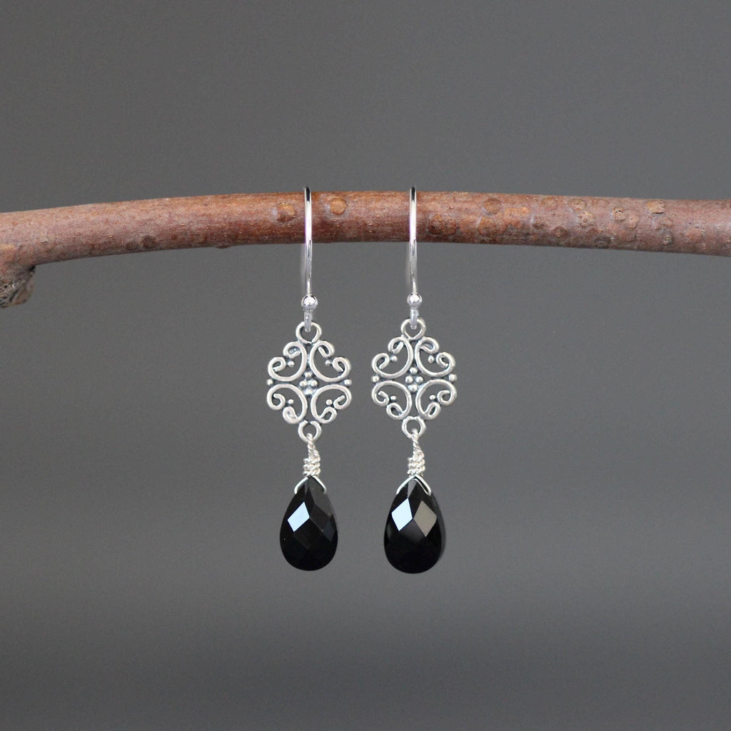 Black Onyx Teardrop Earrings on Bali Sterling Silver Filigree Links