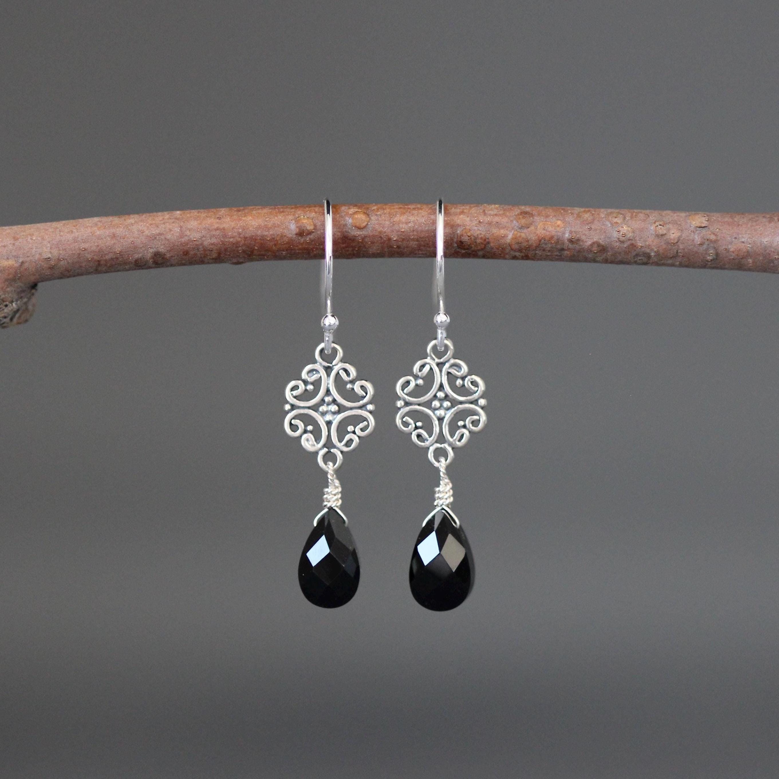 Black Onyx Teardrop Earrings on Bali Sterling Silver Filigree Links