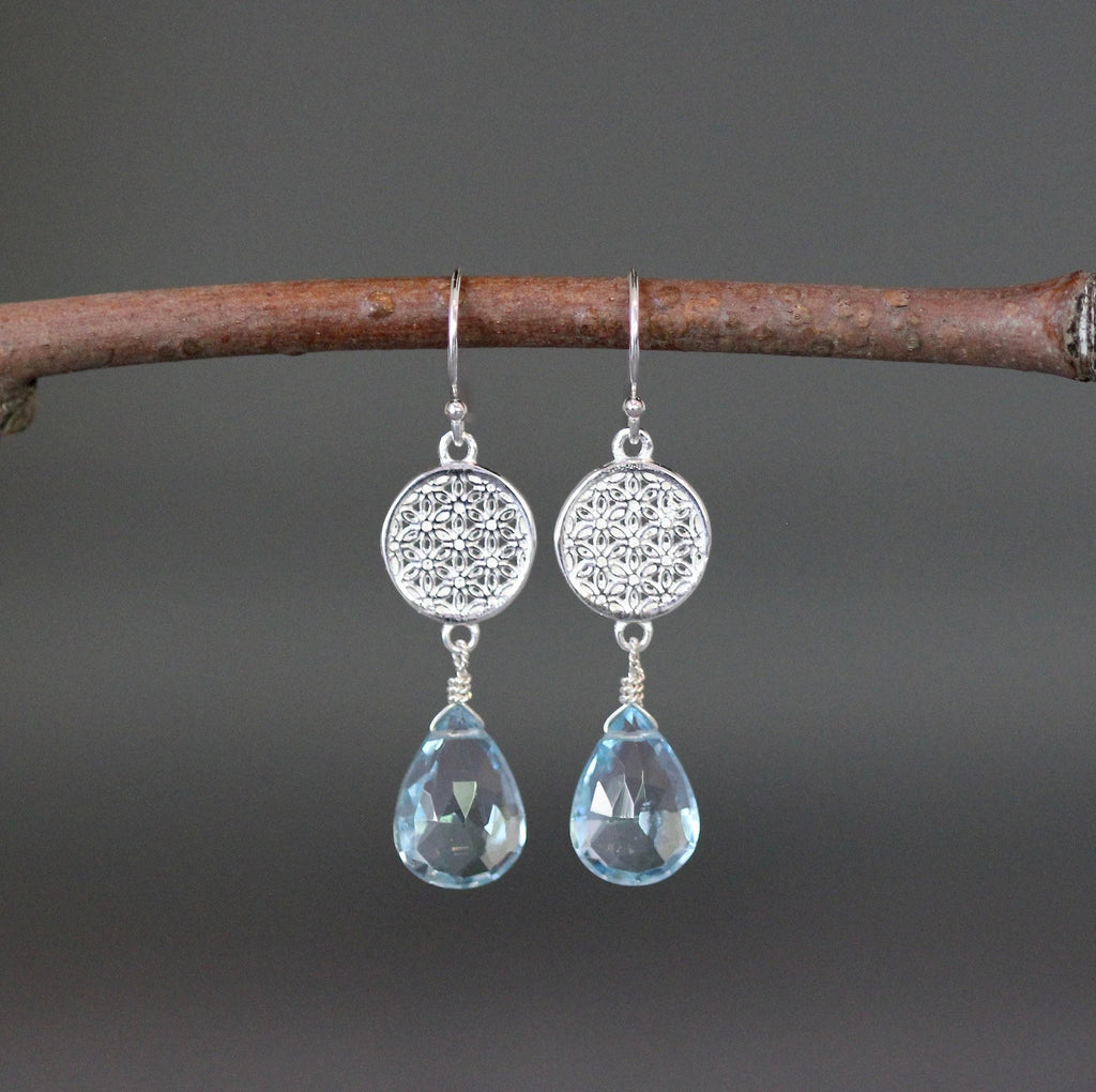 Blue Topaz and Sterling Silver Filigree Flower Dangle Earrings