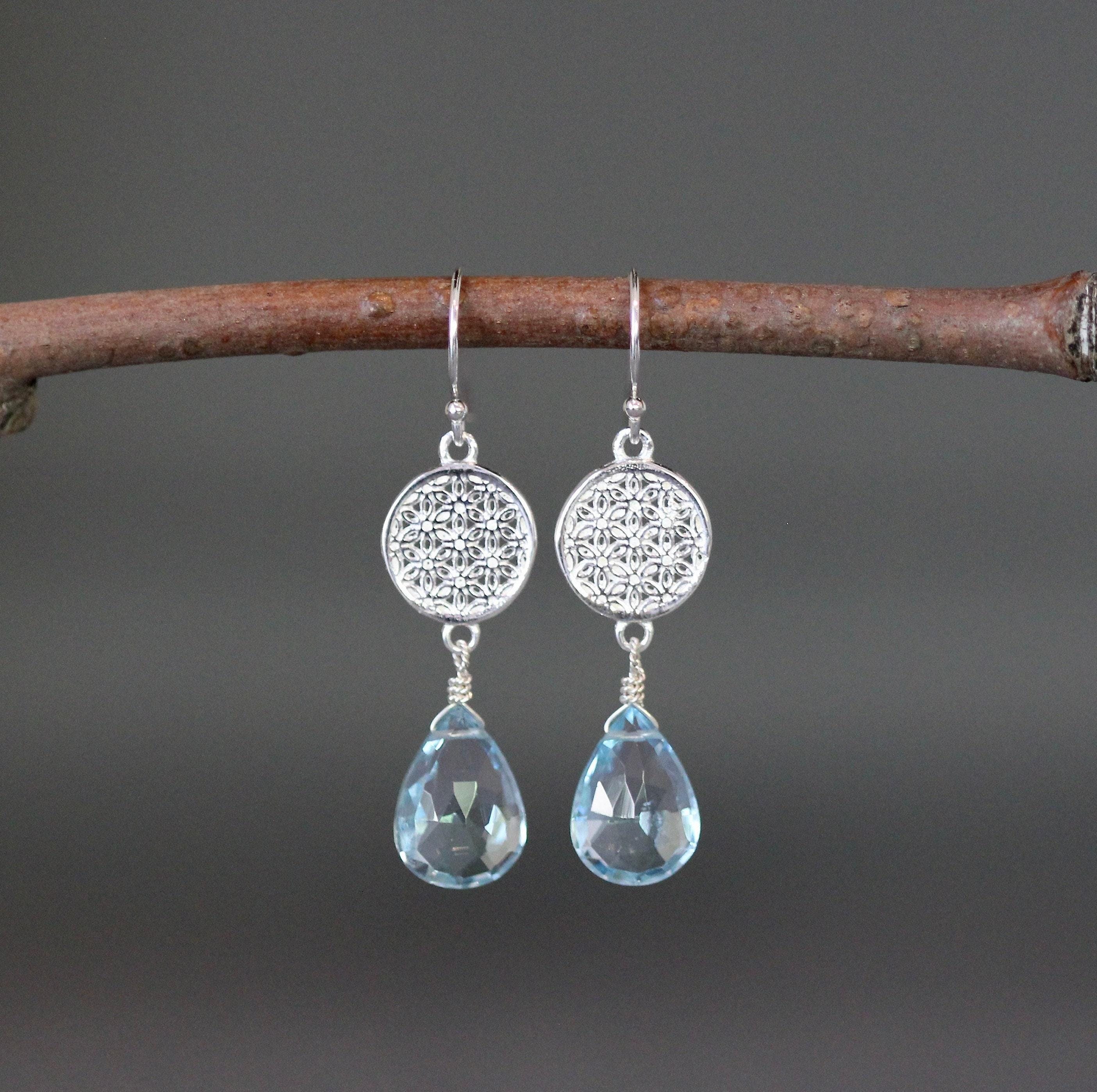 Blue Topaz and Sterling Silver Filigree Flower Dangle Earrings