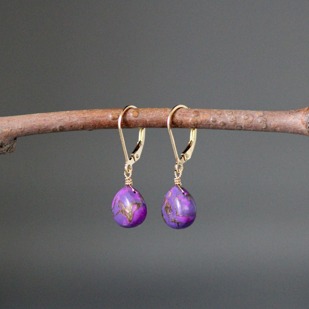 Purple Copper Turquoise Teardrop Earrings on Gold Filled Leverbacks