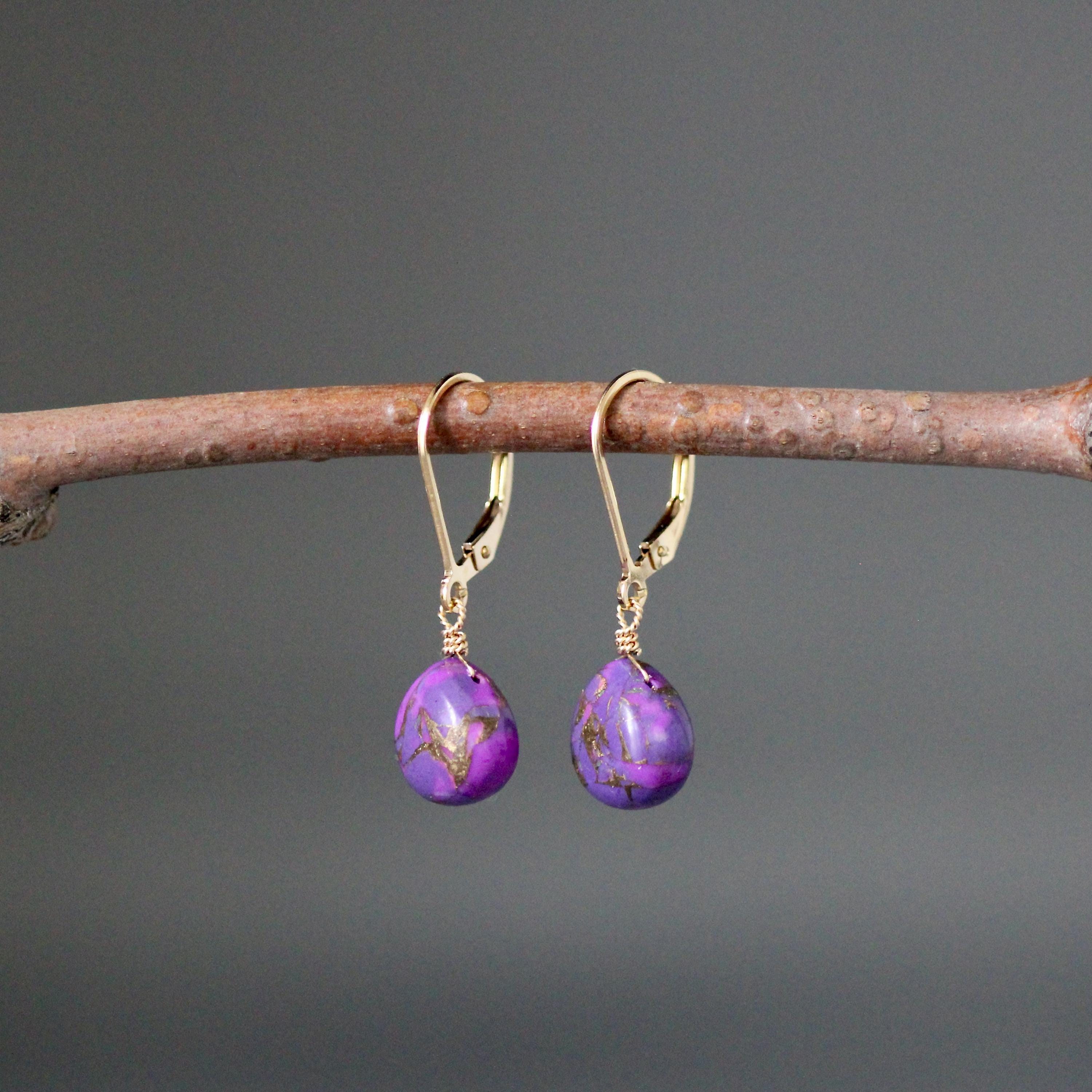Purple Copper Turquoise Teardrop Earrings on Gold Filled Leverbacks